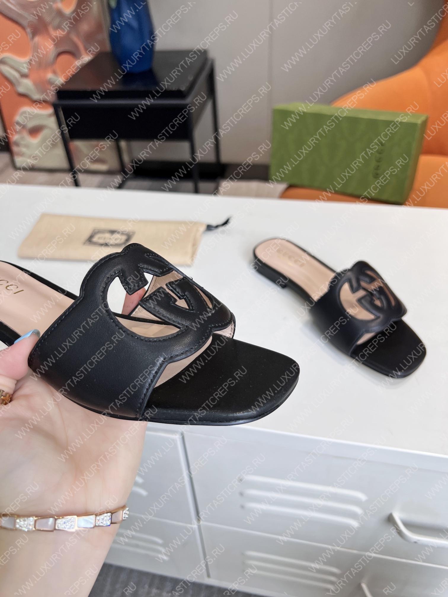 G*u*i interlocking g cut-out slide sandal black 694451