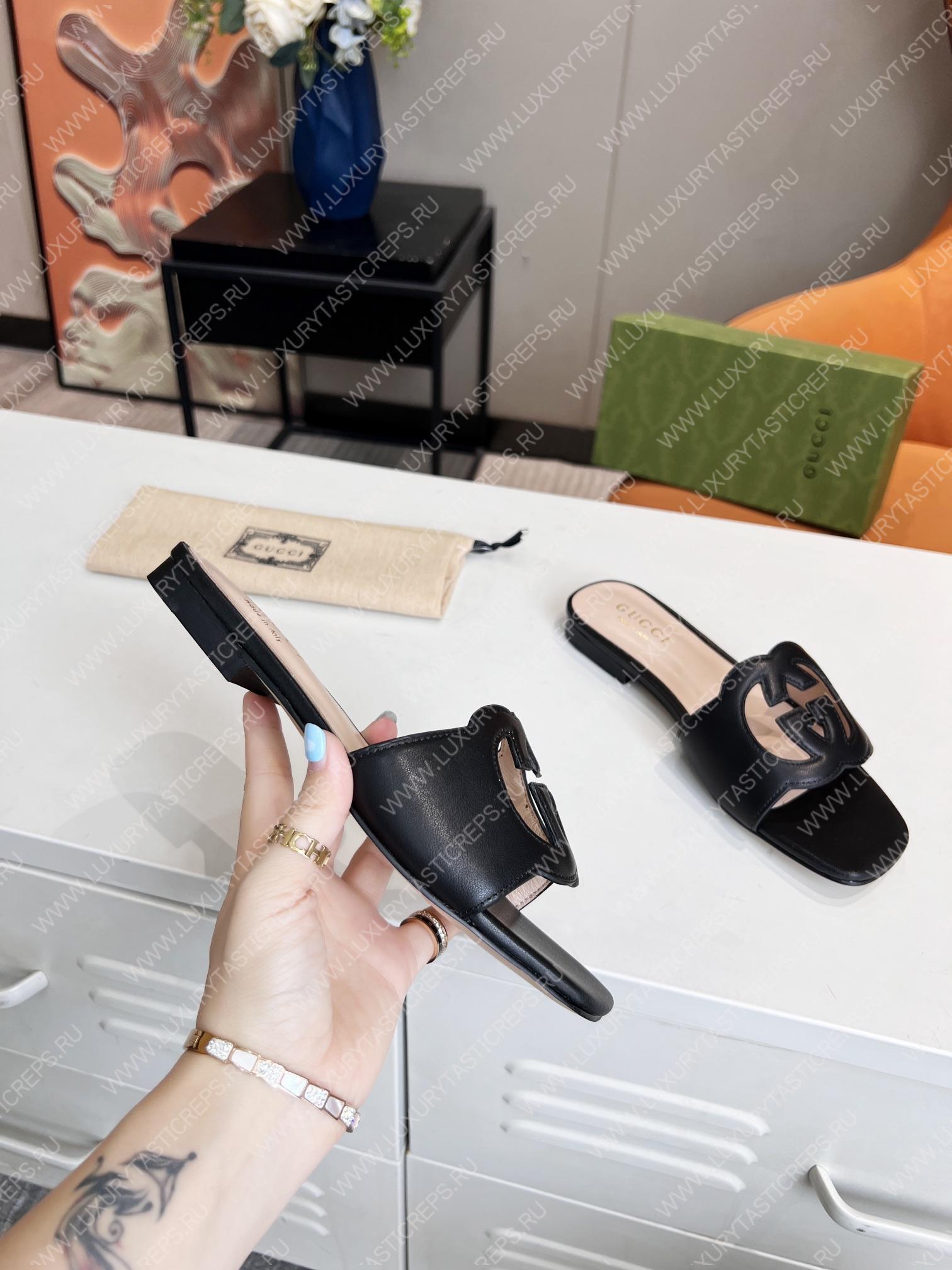 G*u*i interlocking g cut-out slide sandal black 694451
