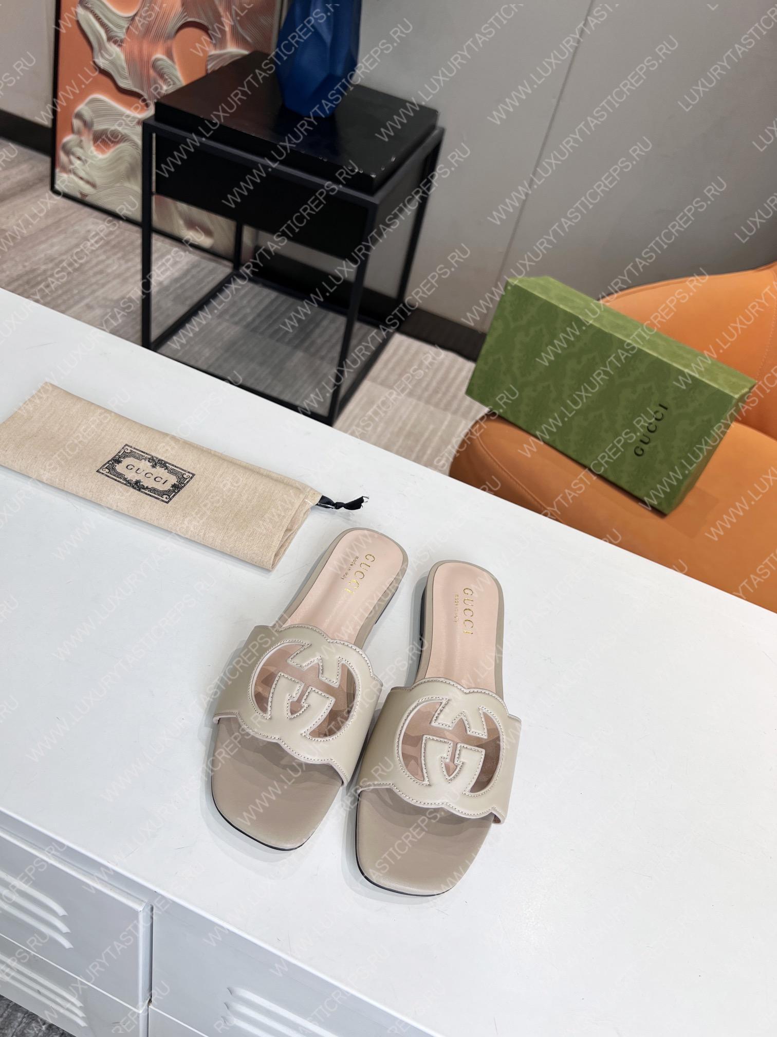 G*u*i interlocking g cut-out slide sandal grey 694450