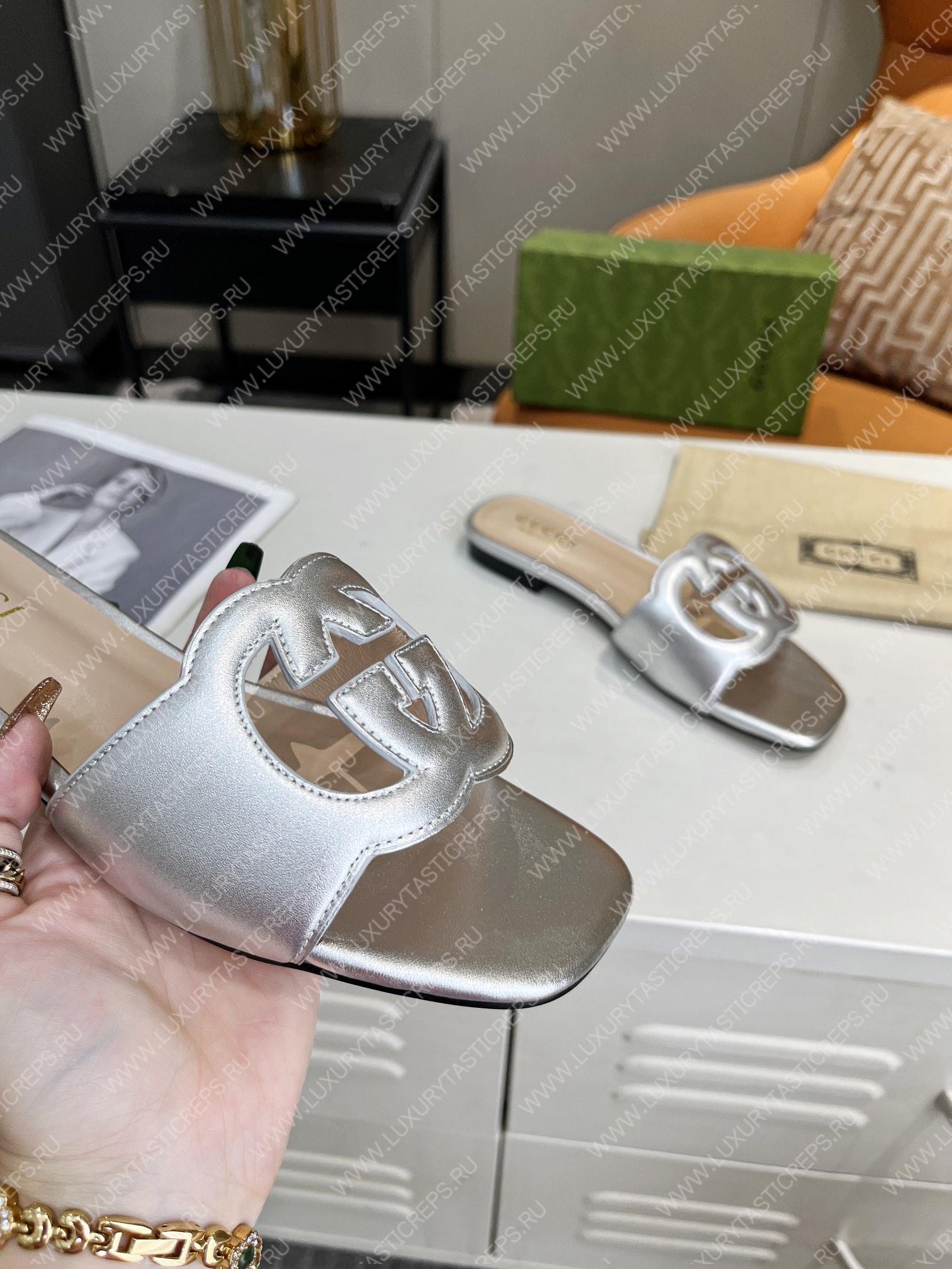 G*u*i interlocking g cut-out slide sandal silver 694451