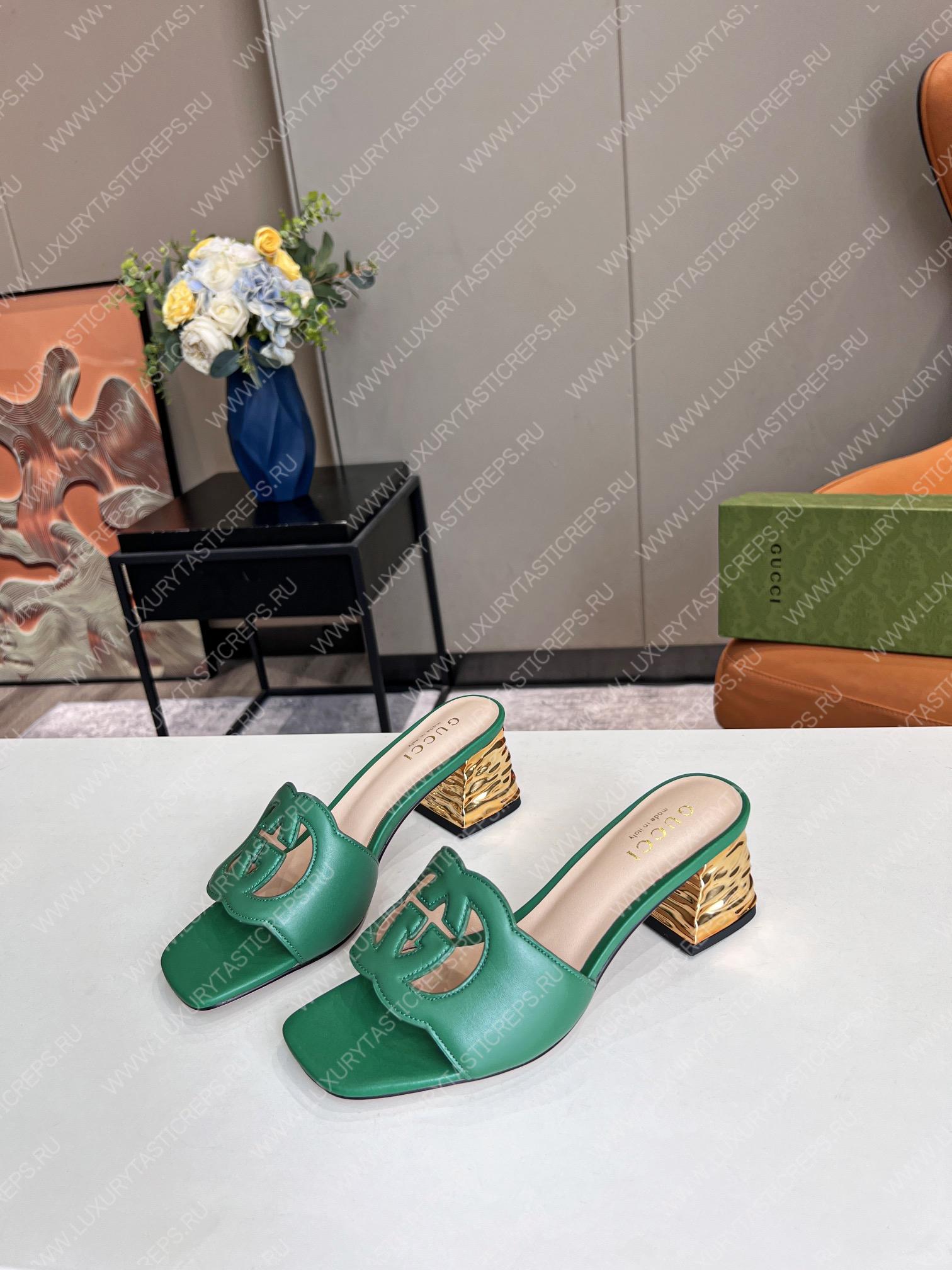 G*u*i interlocking g cut-out heeled slide sandal green 694451