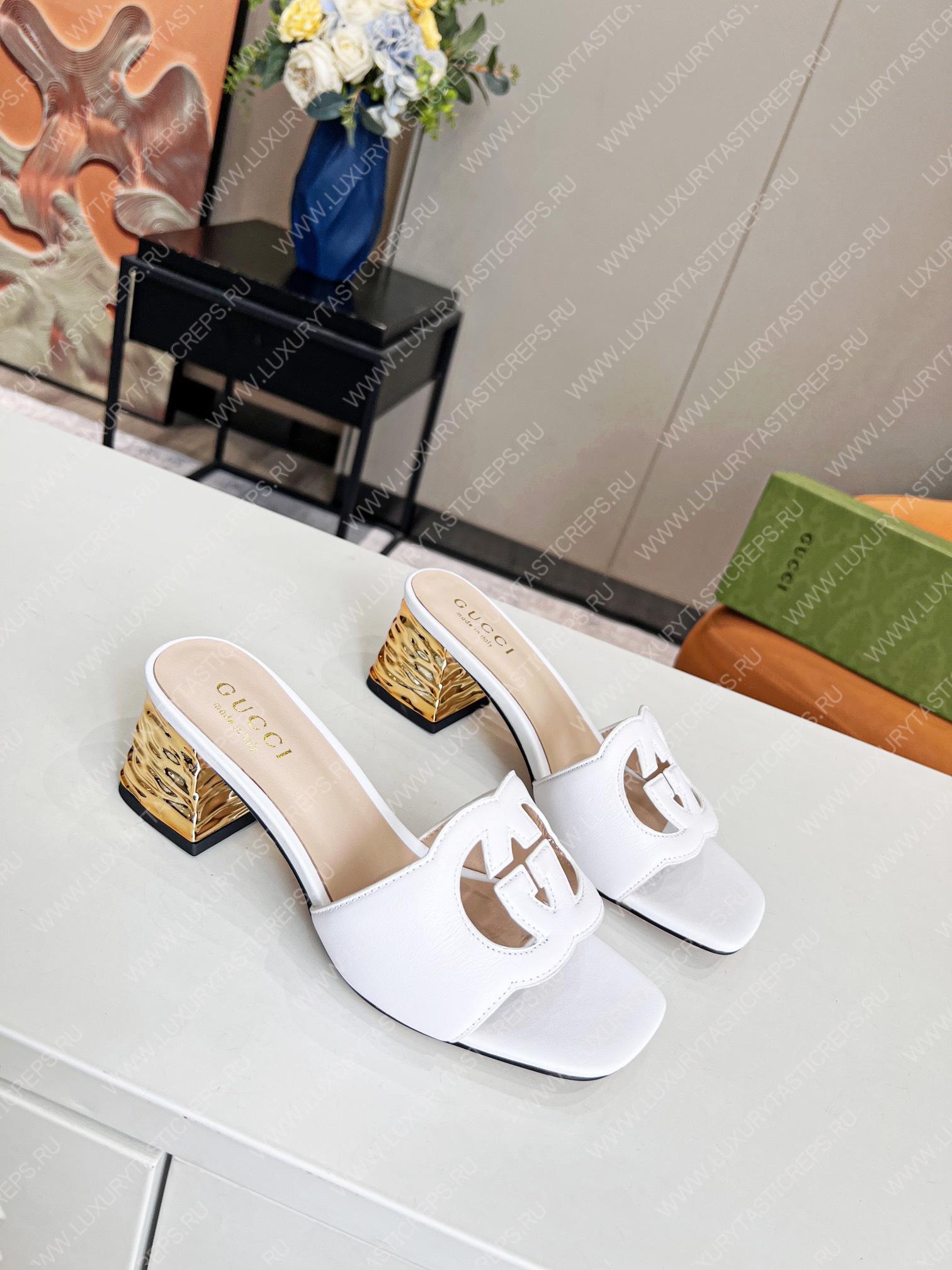 G*u*i interlocking g cut-out heeled slide sandal white 694451