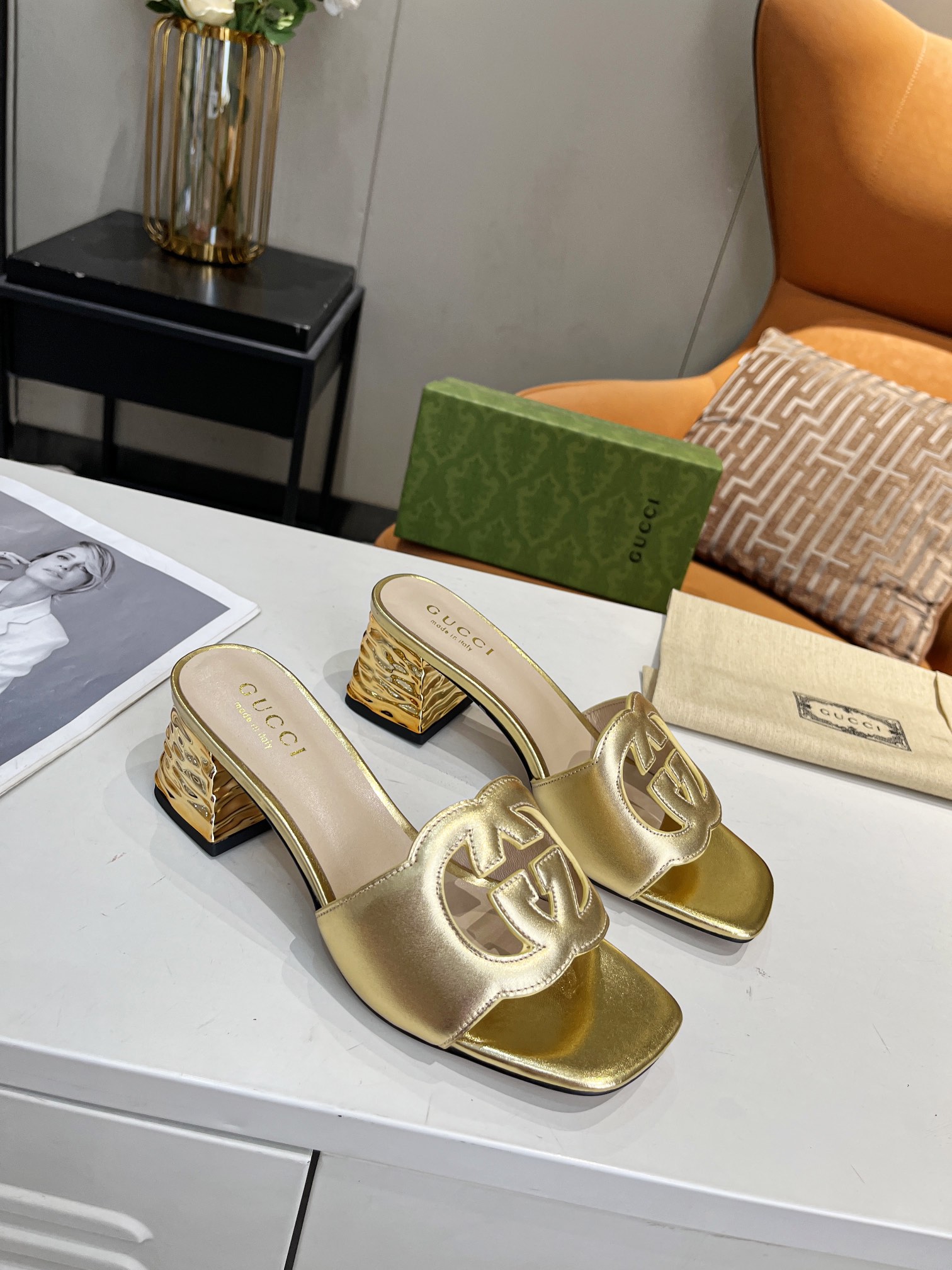 G*u*i interlocking g cut-out heeled slide sandal gold 694451