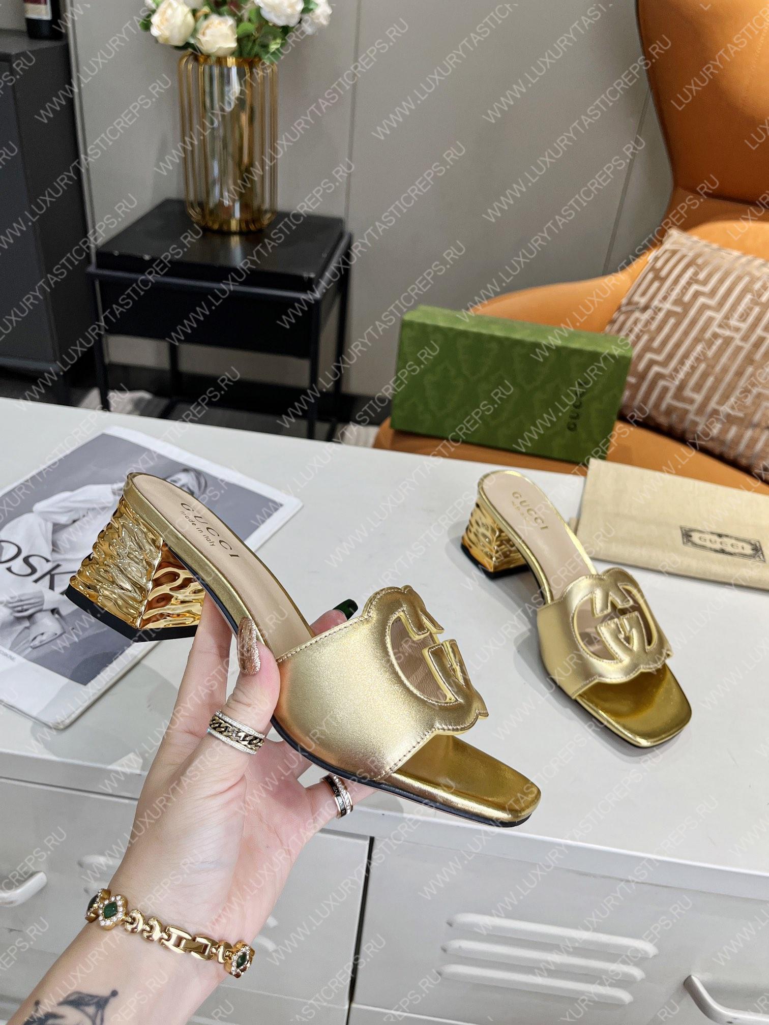 G*u*i interlocking g cut-out heeled slide sandal gold 694451