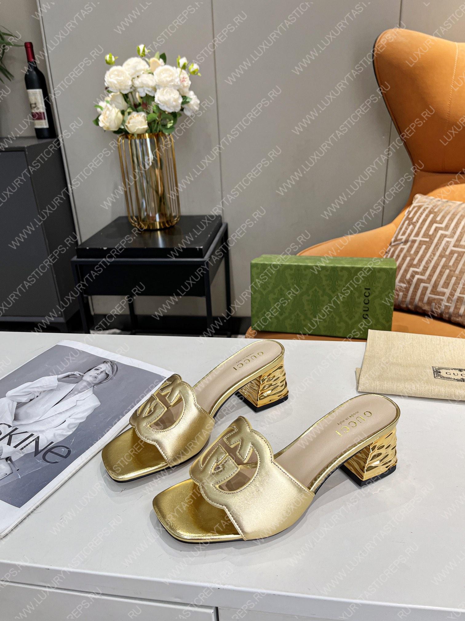 G*u*i interlocking g cut-out heeled slide sandal gold 694451