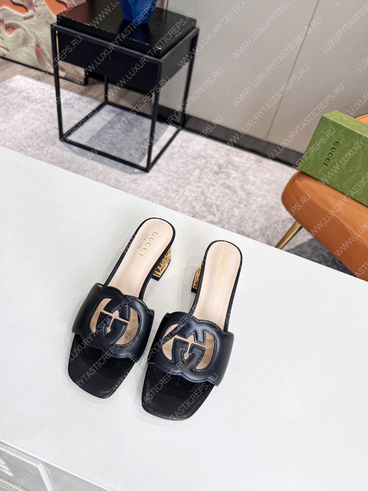 G*u*i interlocking g cut-out heeled slide sandal black 694451