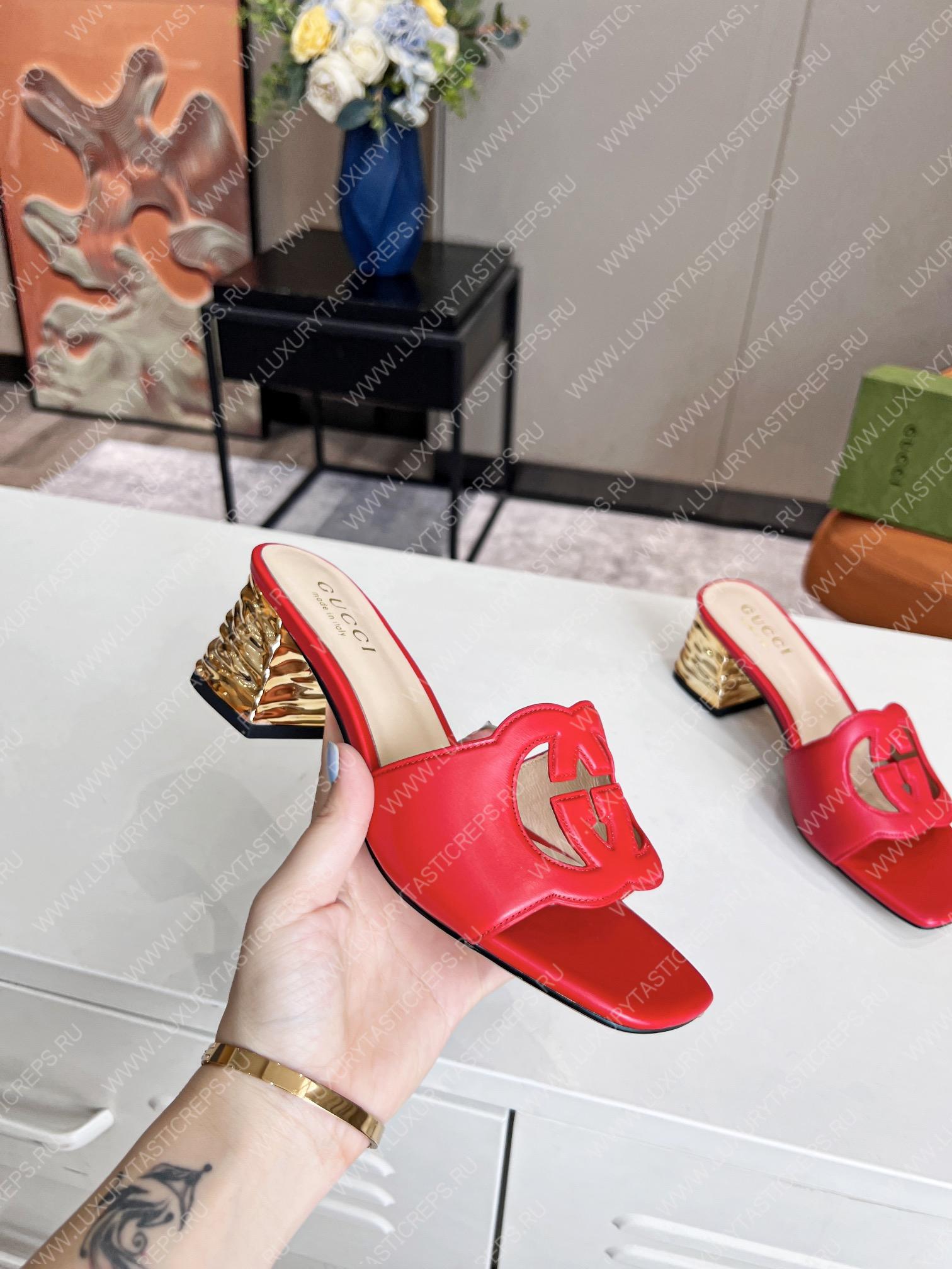 G*u*i interlocking g cut-out heeled slide sandal red 694451