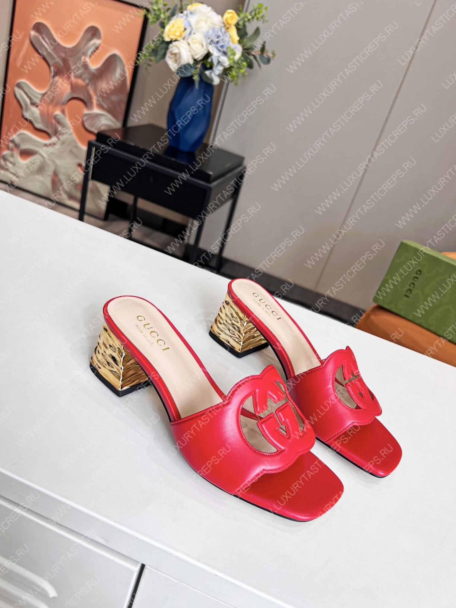 G*u*i interlocking g cut-out heeled slide sandal red 694451