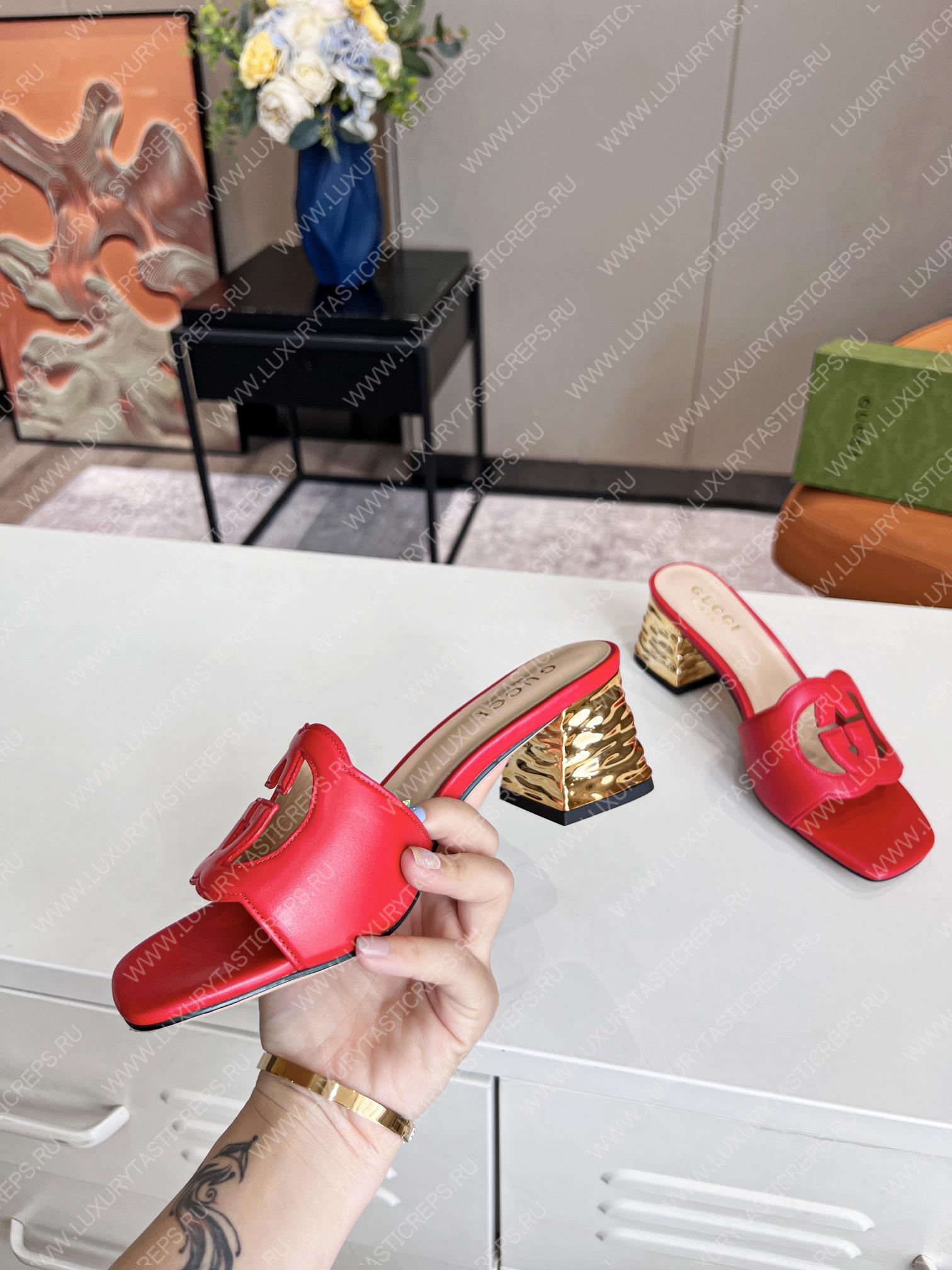 G*u*i interlocking g cut-out heeled slide sandal red 694451
