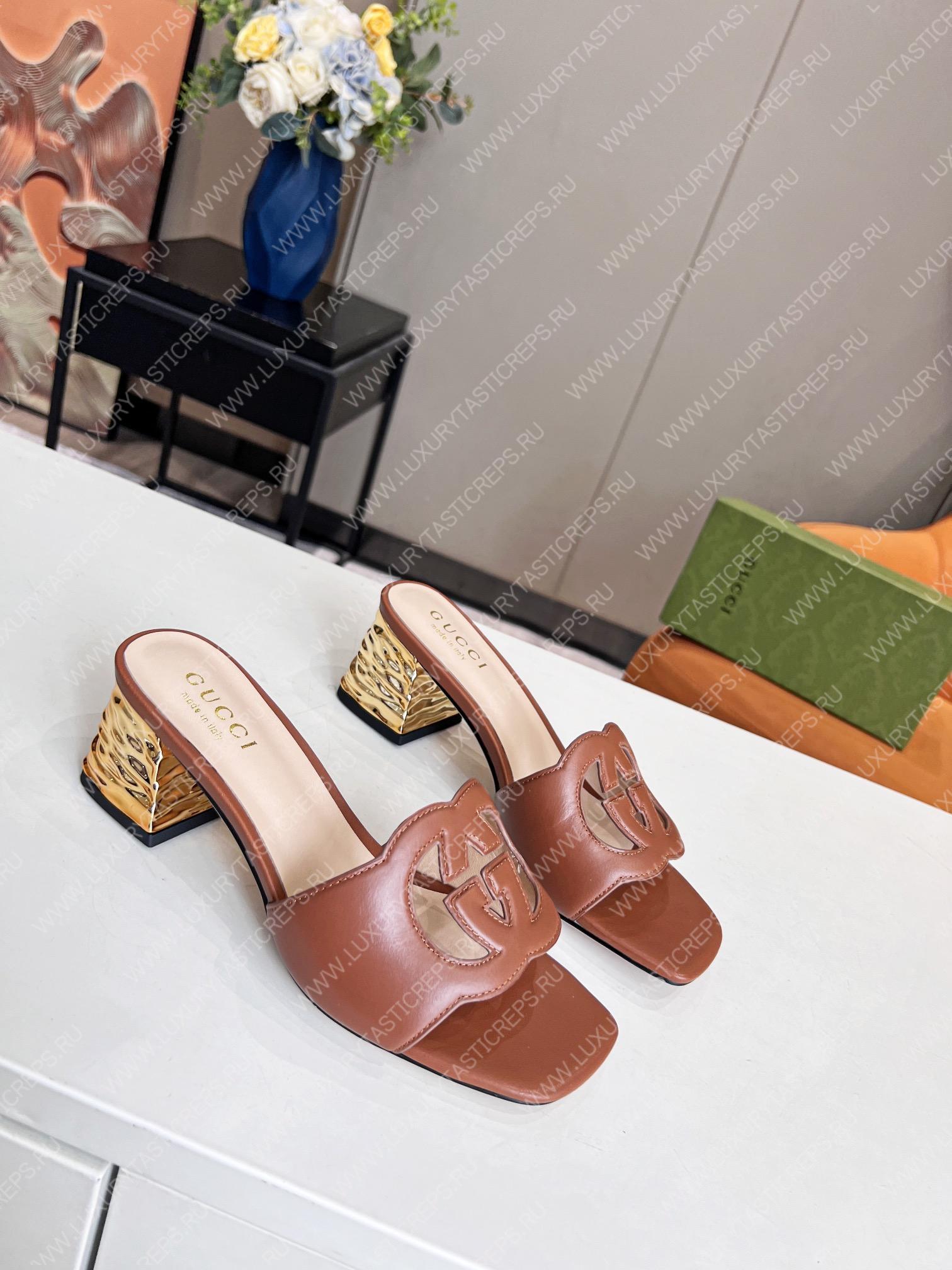 G*u*i interlocking g cut-out heeled slide sandal brown 694451