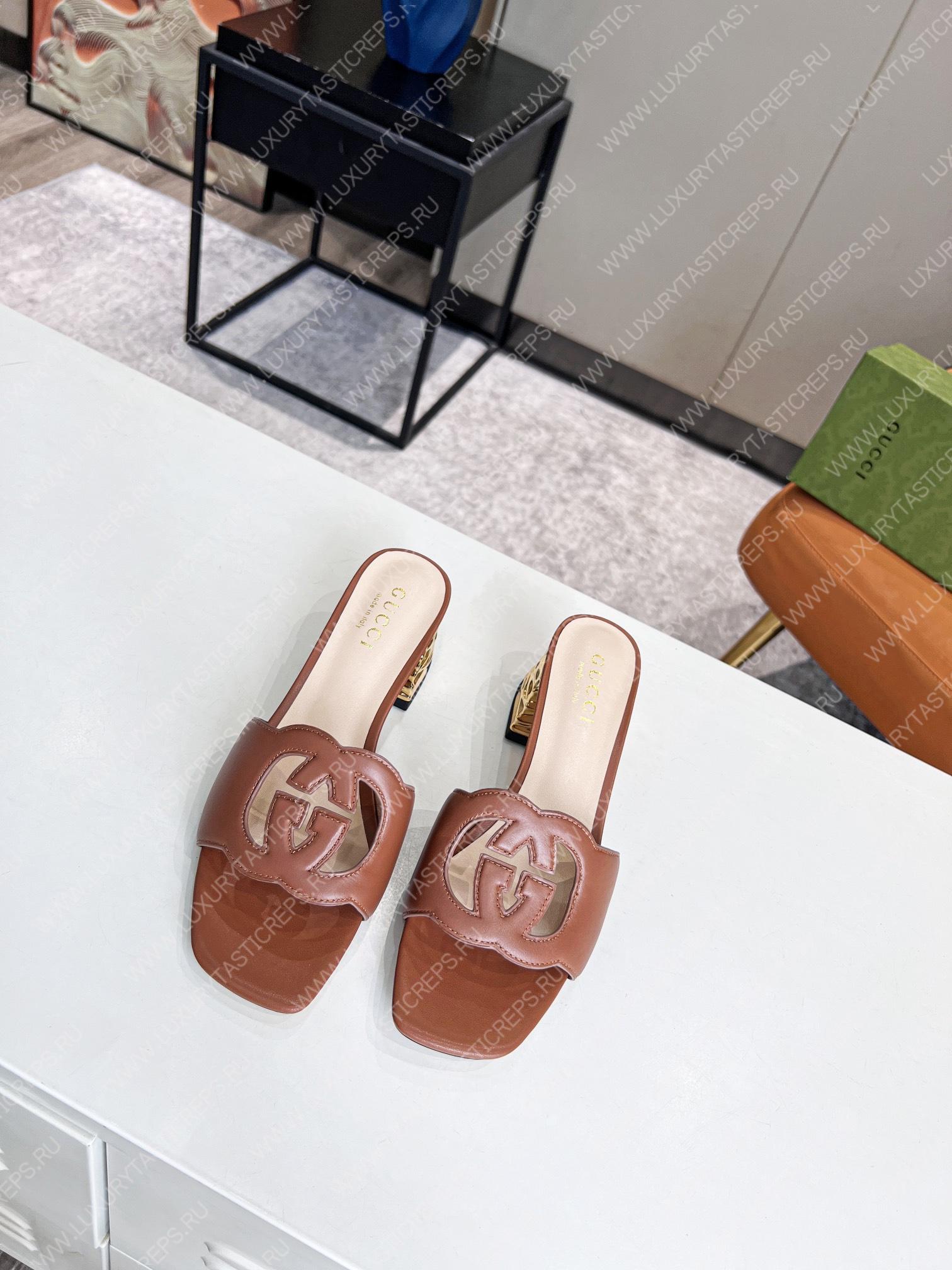 G*u*i interlocking g cut-out heeled slide sandal brown 694451