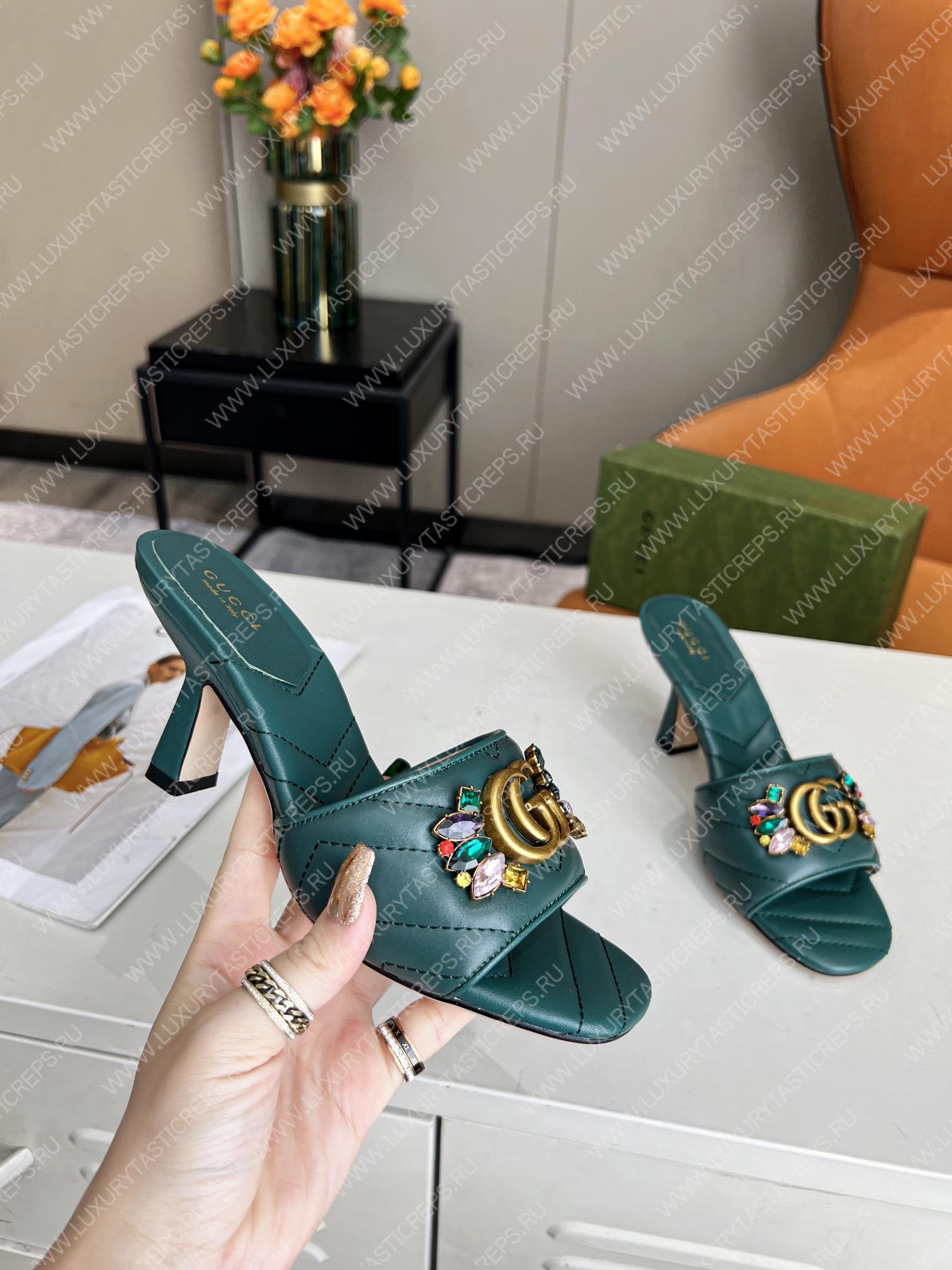 G*u*i double g slide sandal leather emerald green 674839