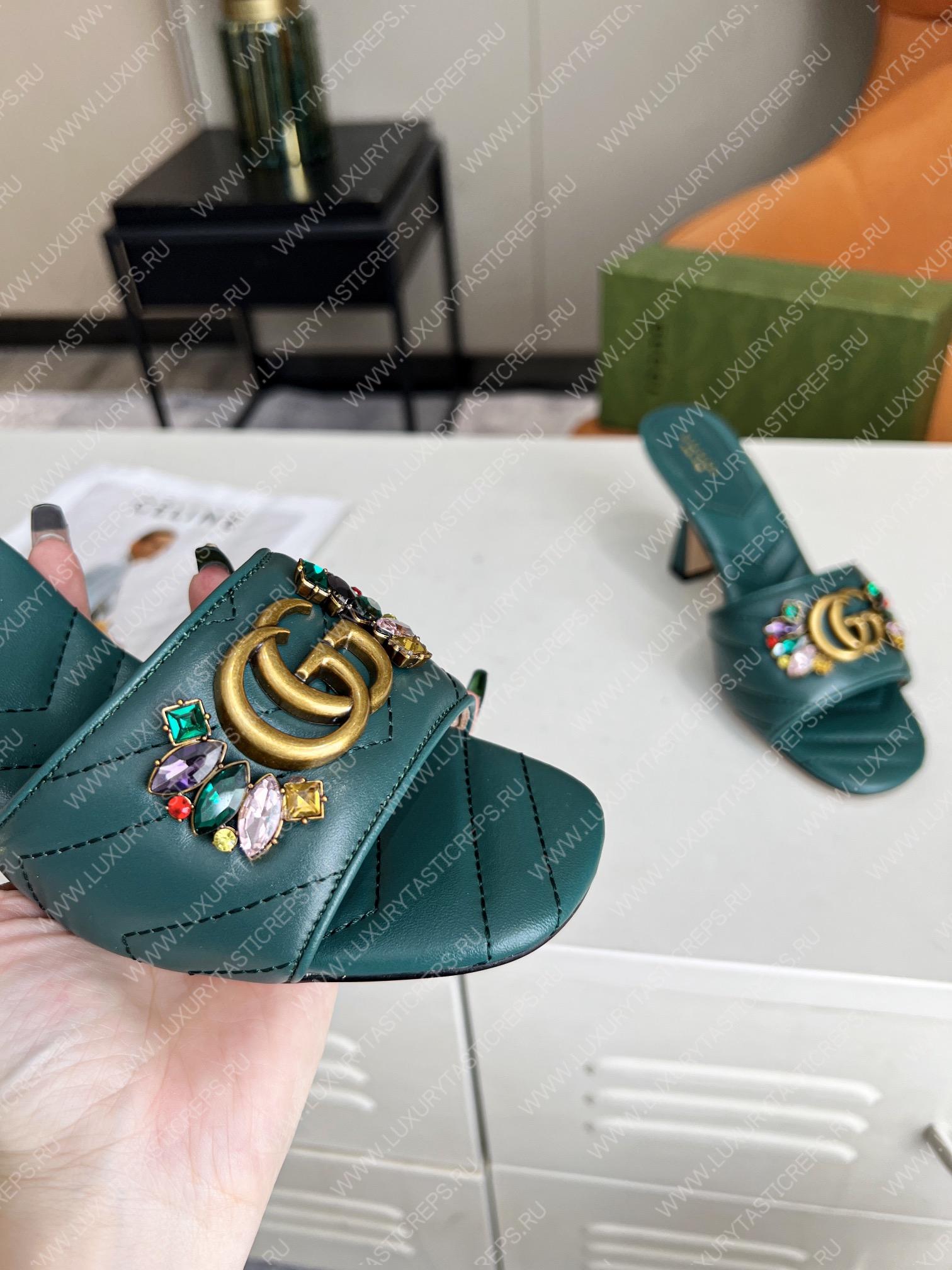G*u*i double g slide sandal leather emerald green 674839