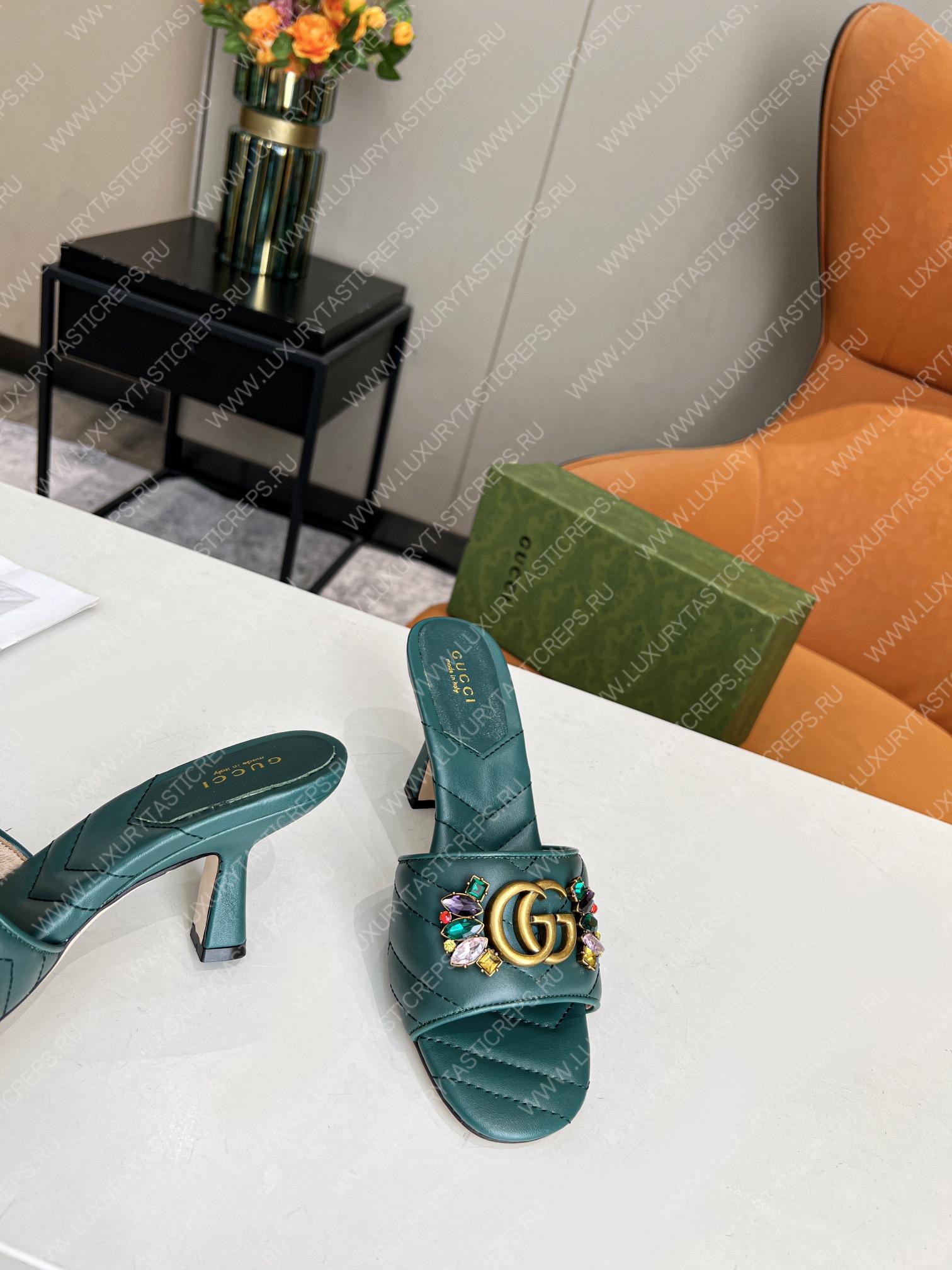 G*u*i double g slide sandal leather emerald green 674839
