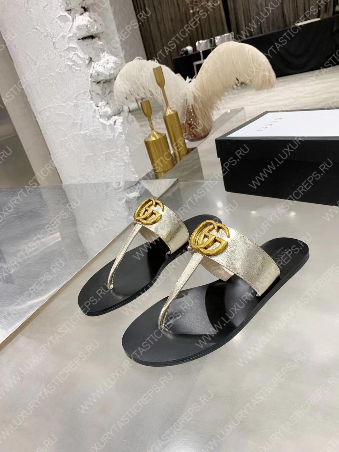 G*u*i leather thong sandal with double g silver 497444