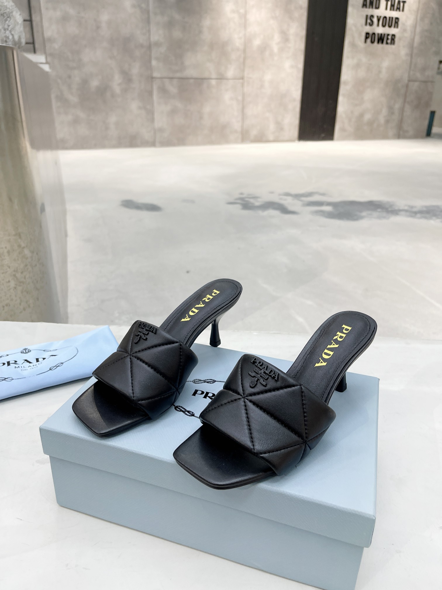 Pra*a quilted nappa leather heeled sandals black 1xx583