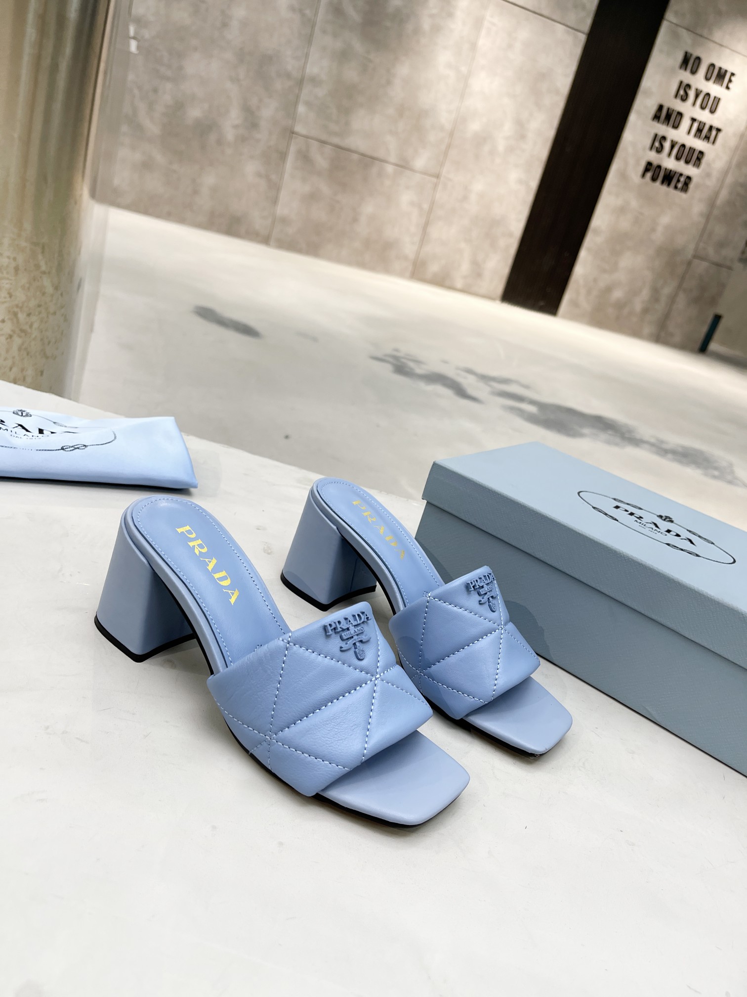 Pra*a quilted nappa leather heeled sandals light blue 1xx583