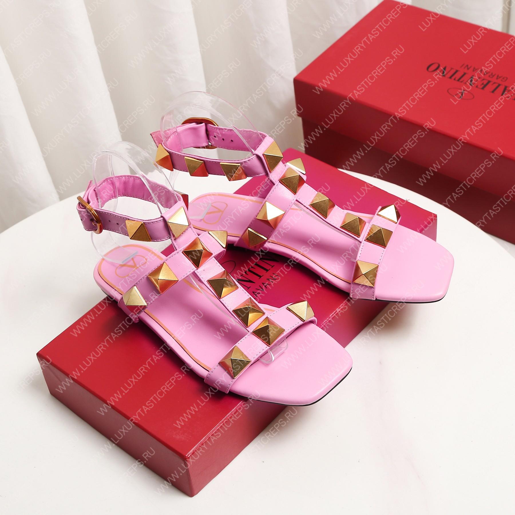 VALENTINO ROMAN STUD FLAT CALFSKIN SANDAL PINK 1W2S0BU8ZWM