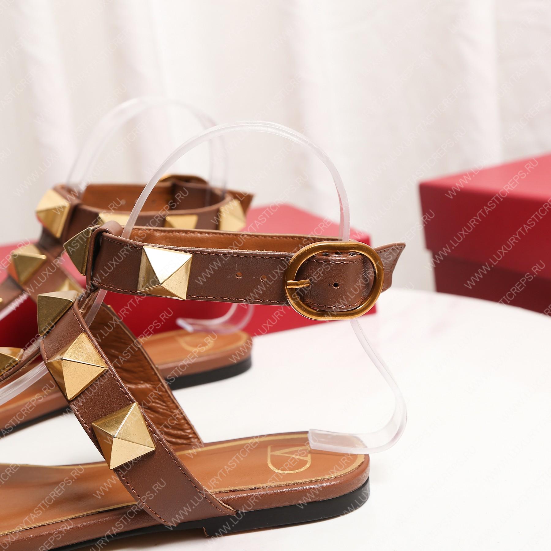 VALENTINO ROMAN STUD FLAT CALFSKIN SANDAL BROWN 1W2S0BU8ZWM