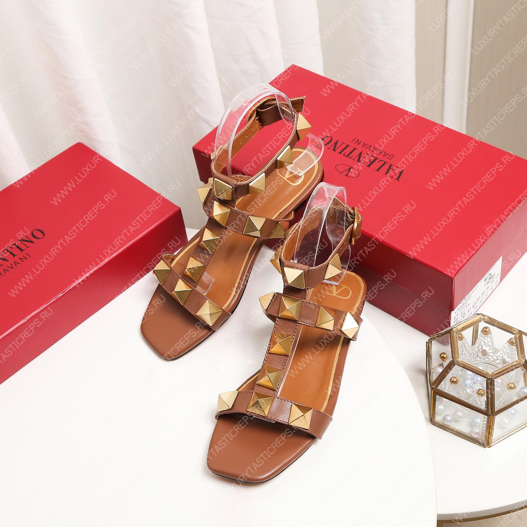 VALENTINO ROMAN STUD FLAT CALFSKIN SANDAL BROWN 1W2S0BU8ZWM