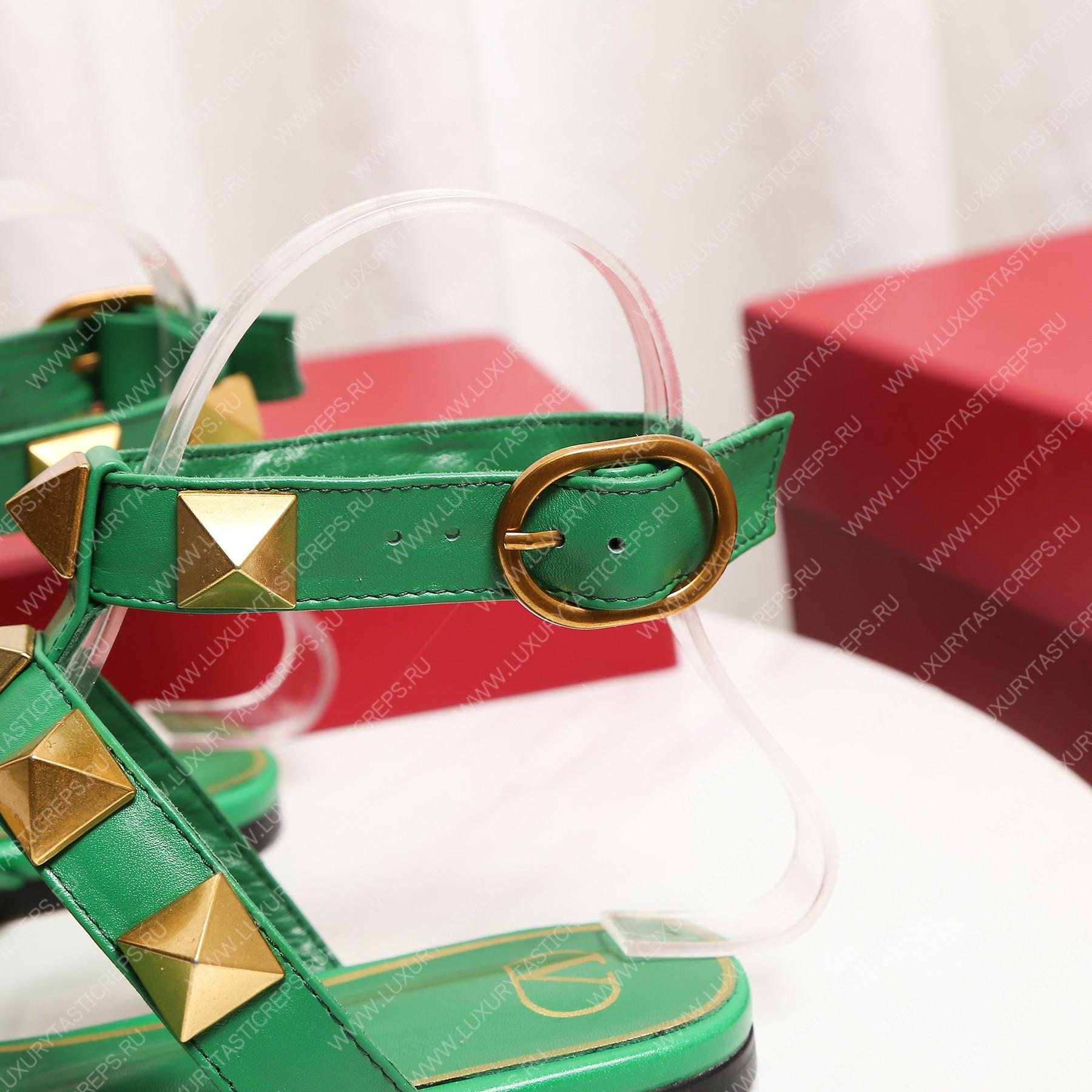 VALENTINO ROMAN STUD FLAT CALFSKIN SANDAL GREEN 1W2S0BU8ZWM