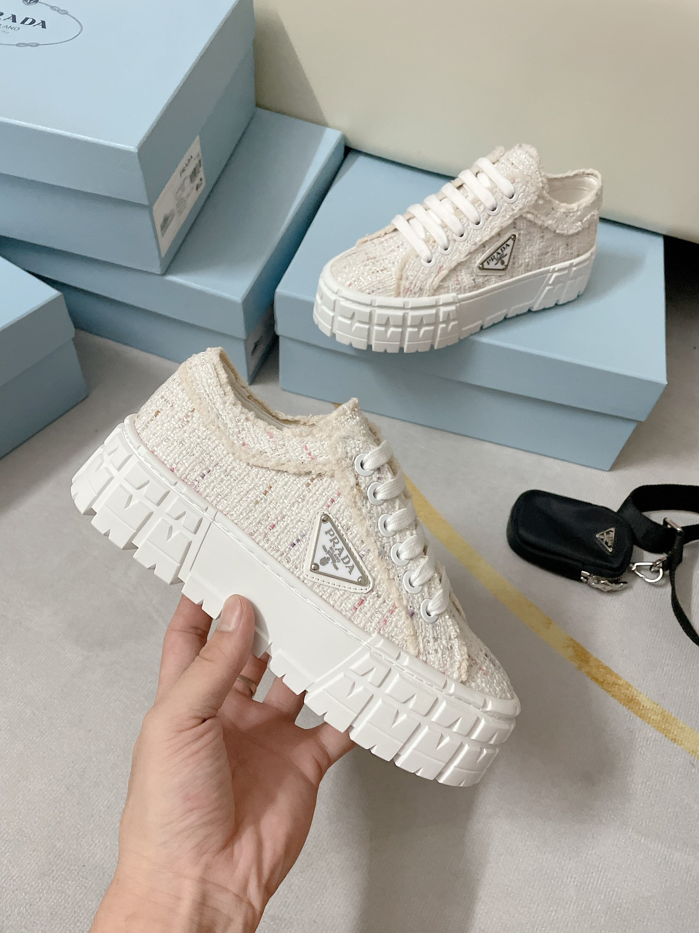 Pra*a double wheel nylon gabardine sneakers tweed white 1e260m