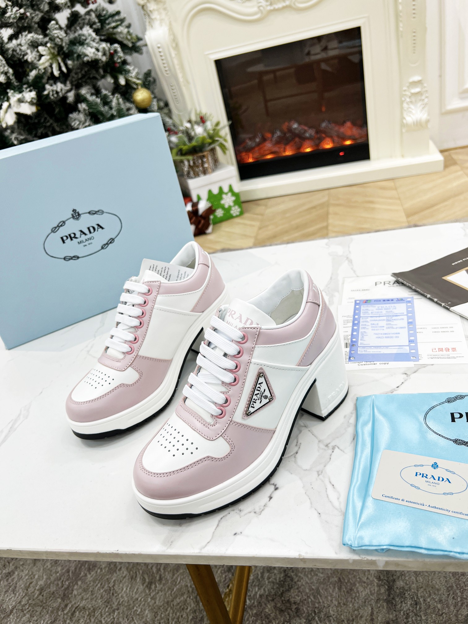 Pra*a downtown high-heeled leather sneakers white/pink 1e792m