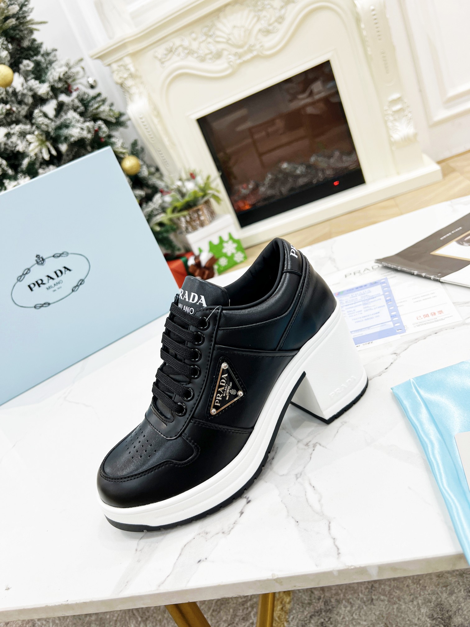 Pra*a downtown high-heeled leather sneakers black 1e792m