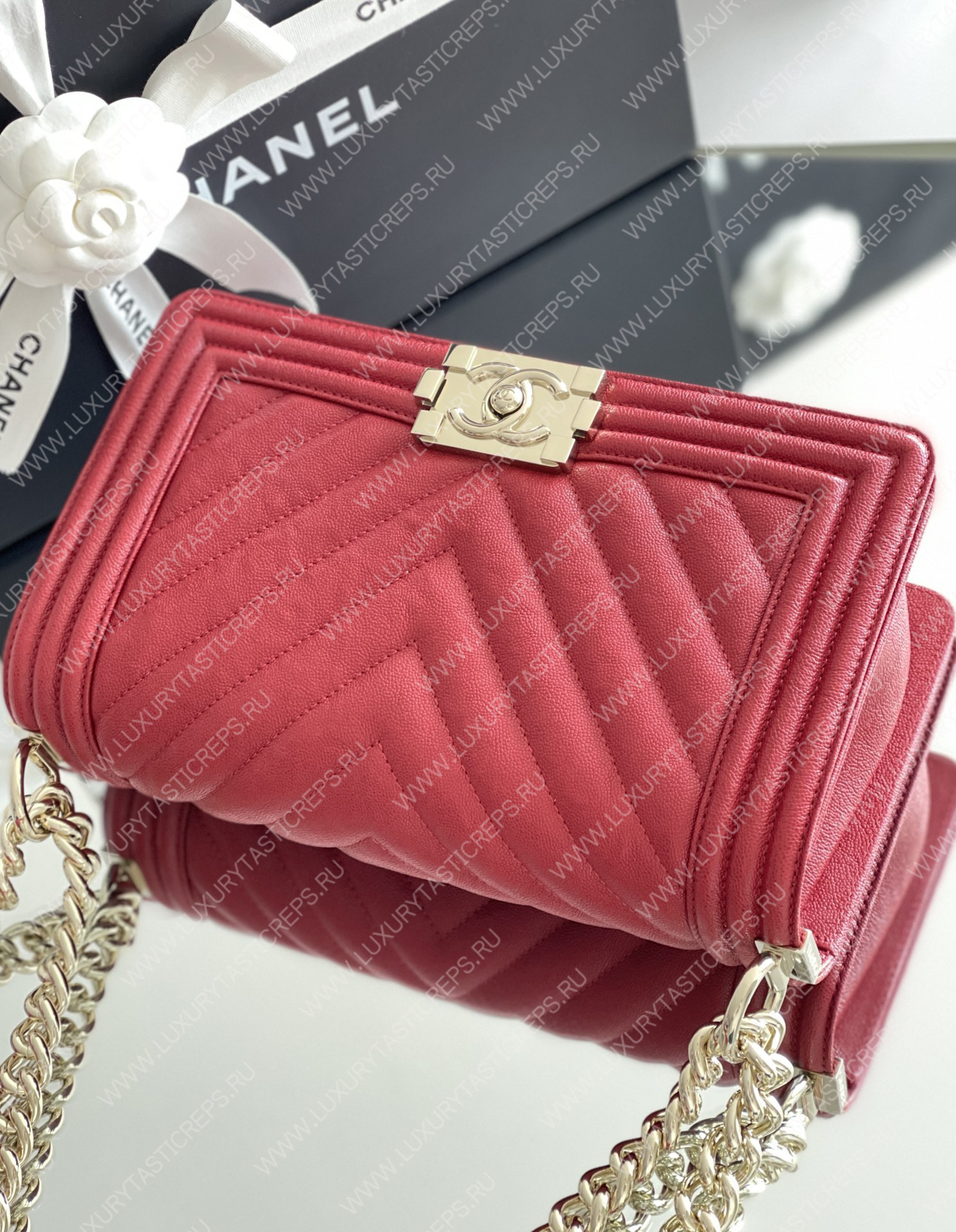 Ch*el boy handbag red a67086