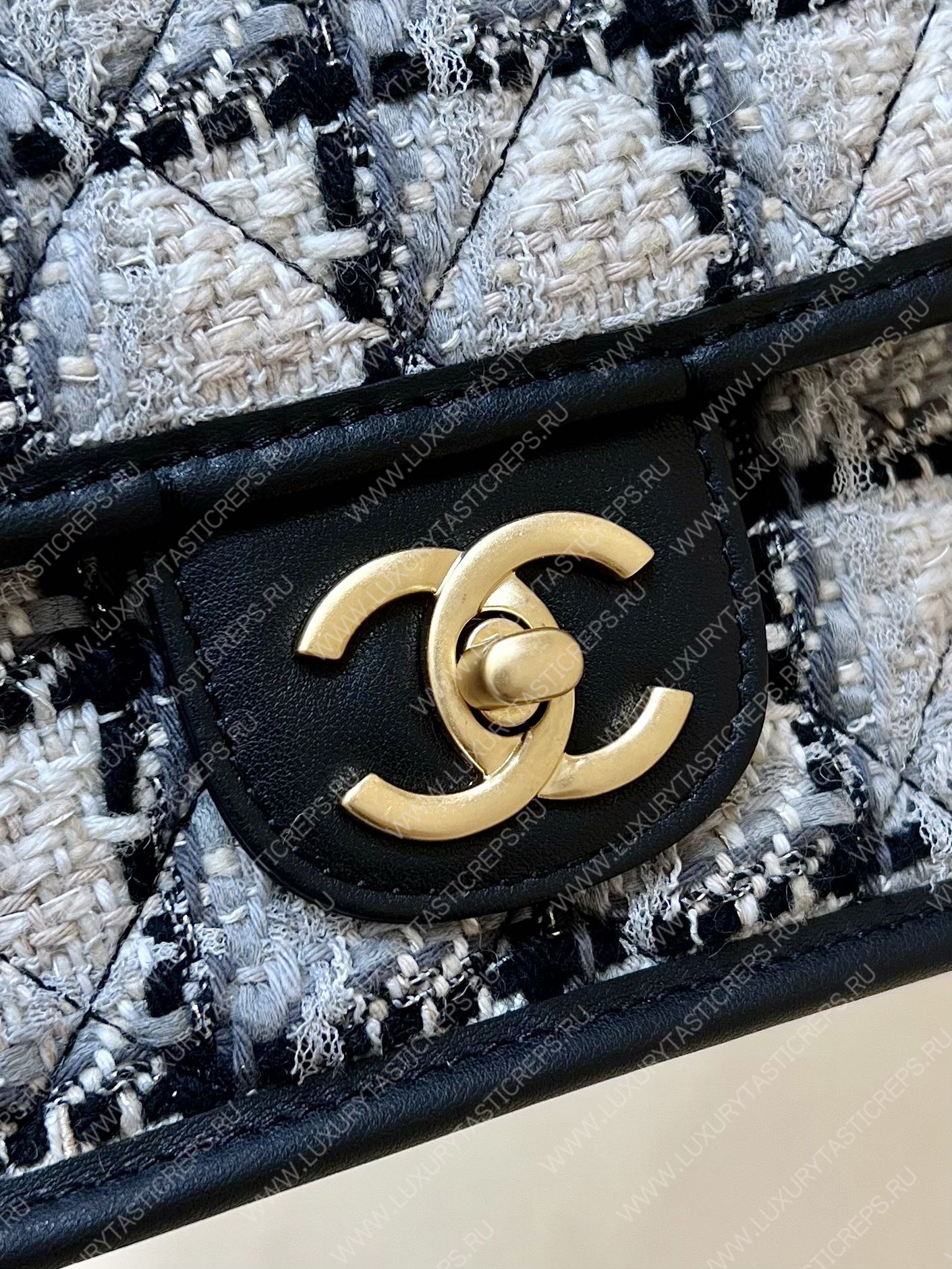 Ch*el small flap bag with top handle ecru, gray, beige & black as3653