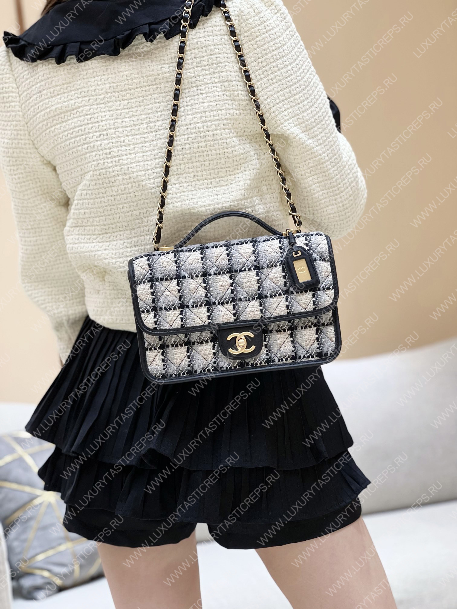 Ch*el small flap bag with top handle ecru, gray, beige & black as3653