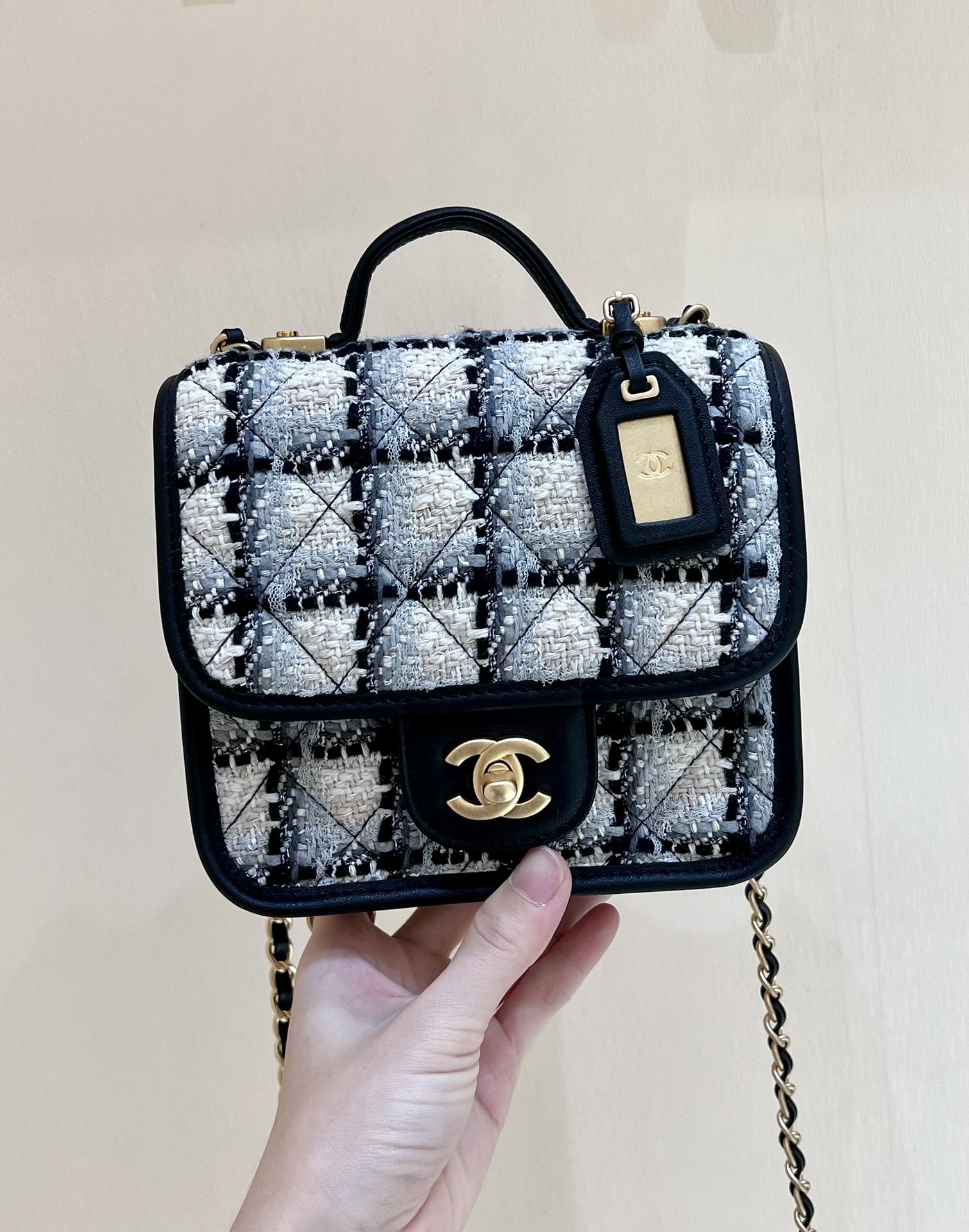Ch*el small flap bag with top handle ecru, gray, beige & black as3652