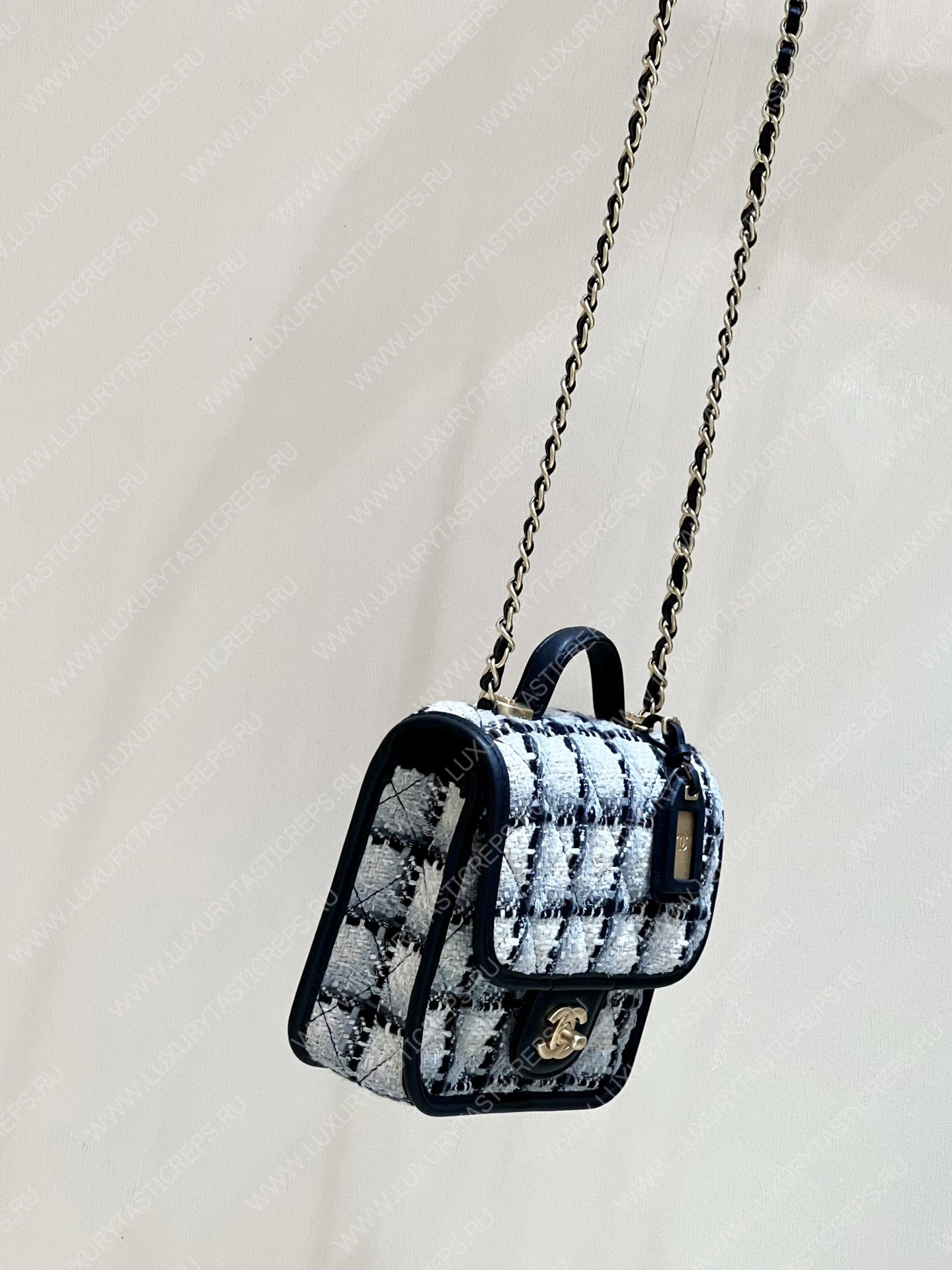 Ch*el small flap bag with top handle ecru, gray, beige & black as3652