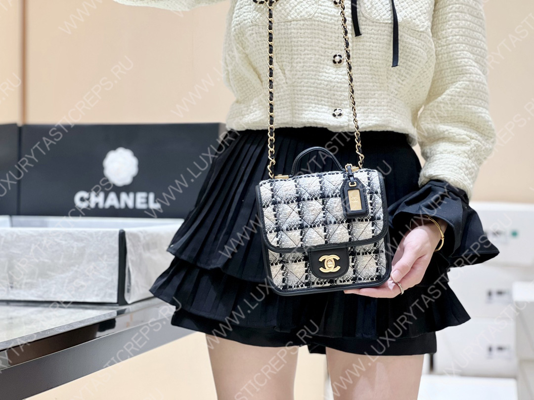 Ch*el small flap bag with top handle ecru, gray, beige & black as3652