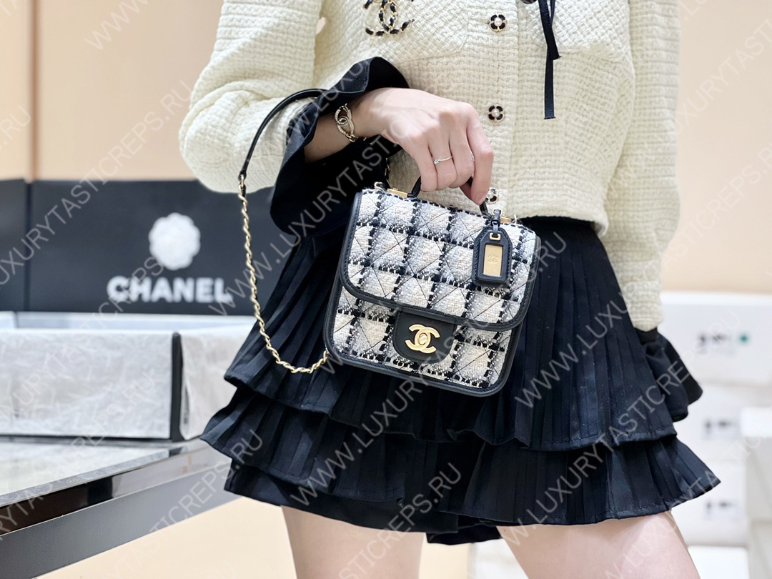 Ch*el small flap bag with top handle ecru, gray, beige & black as3652