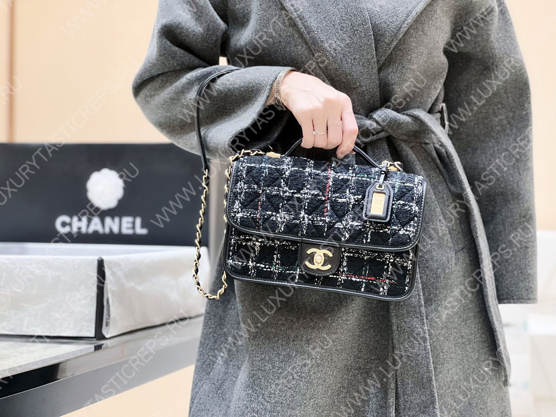 Ch*el small flap bag with top handle black, white & multicolor as3653