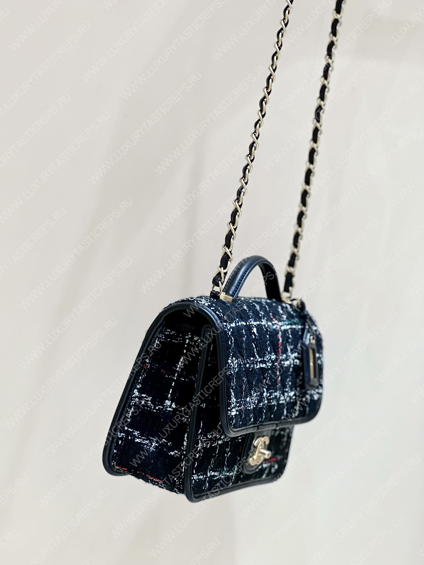 Ch*el small flap bag with top handle black, white & multicolor as3653
