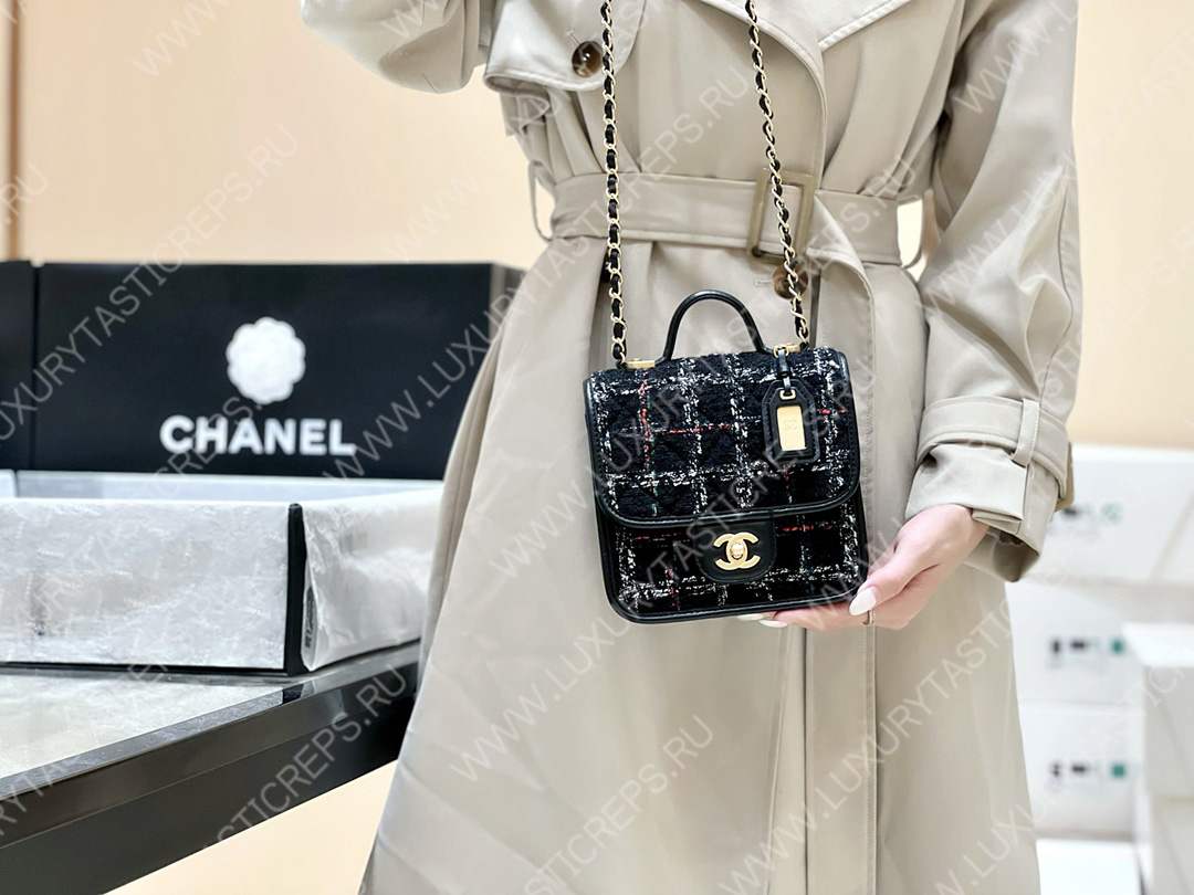 Ch*el mini flap bag with top handle black, white & multicolor as3652