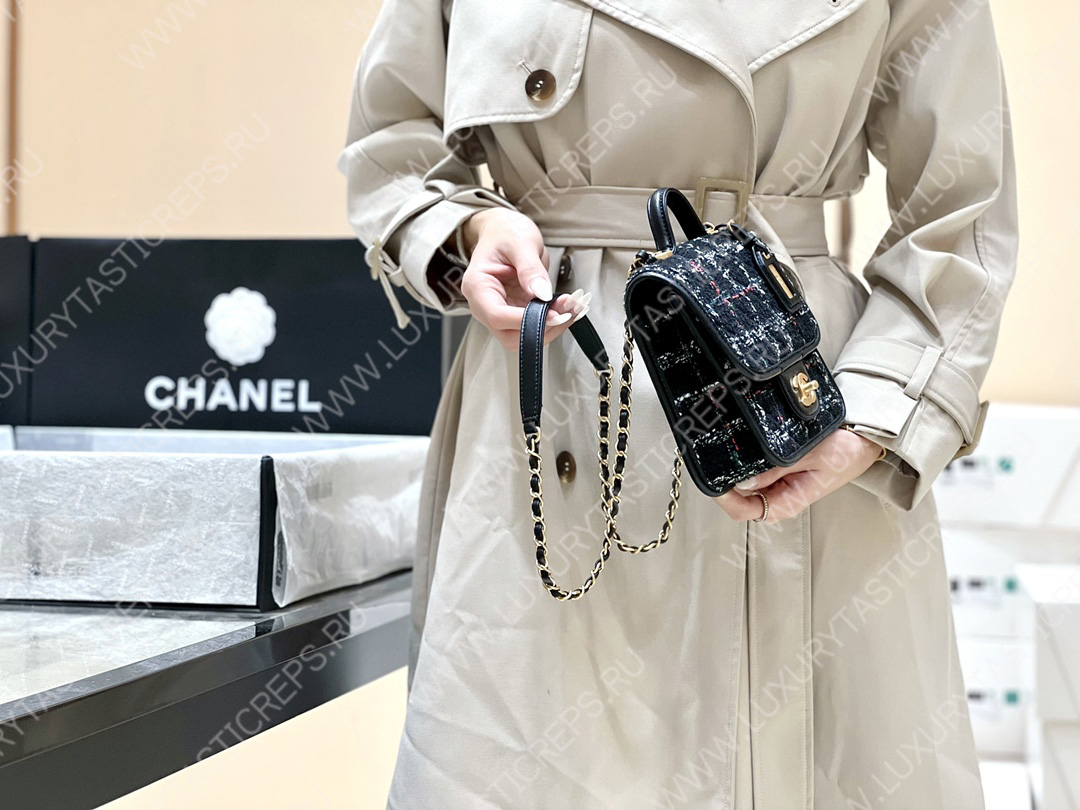 Ch*el mini flap bag with top handle black, white & multicolor as3652