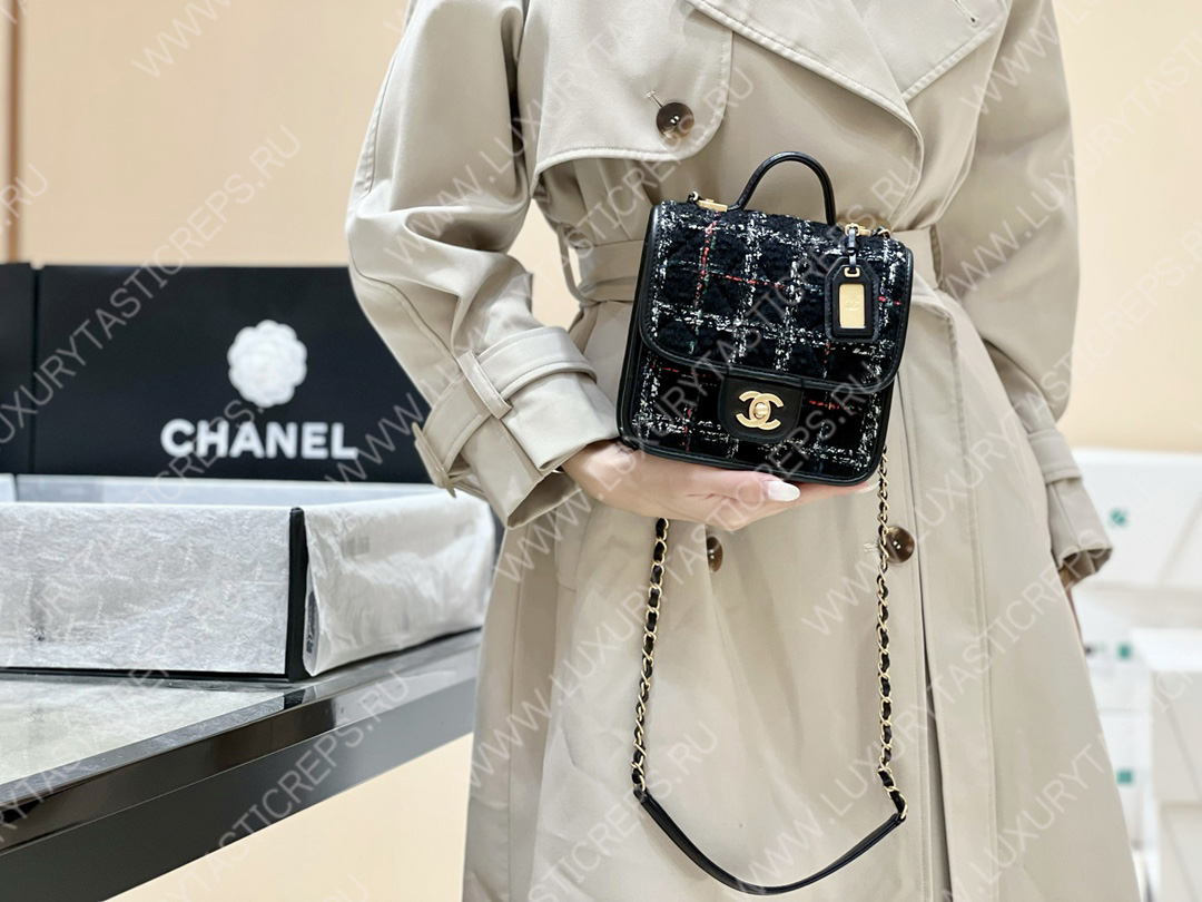 Ch*el mini flap bag with top handle black, white & multicolor as3652
