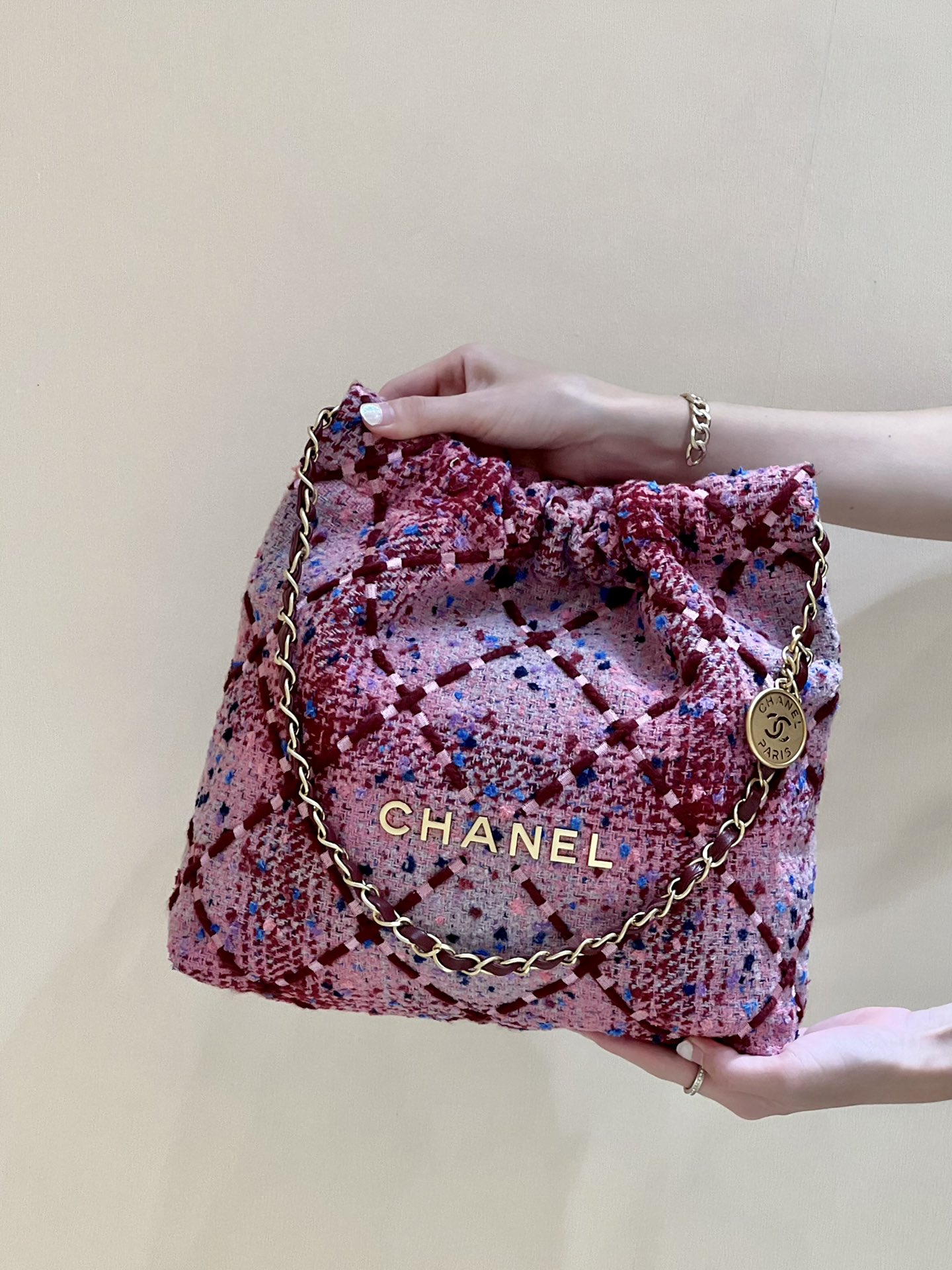 Ch*el 22 handbag pink, burgundy & multicolor as3260