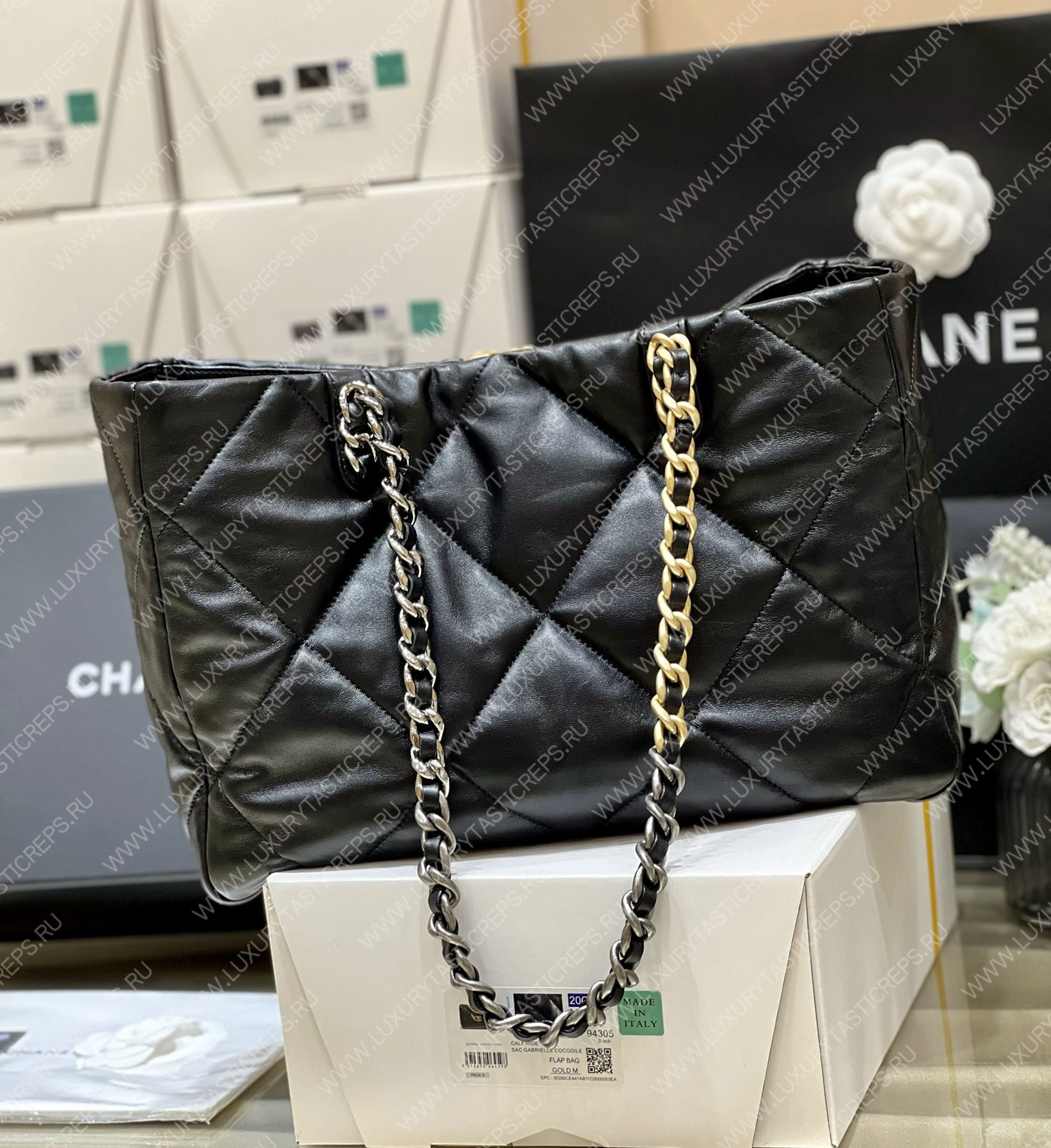 Ch*el 19 shopping bag black as3660