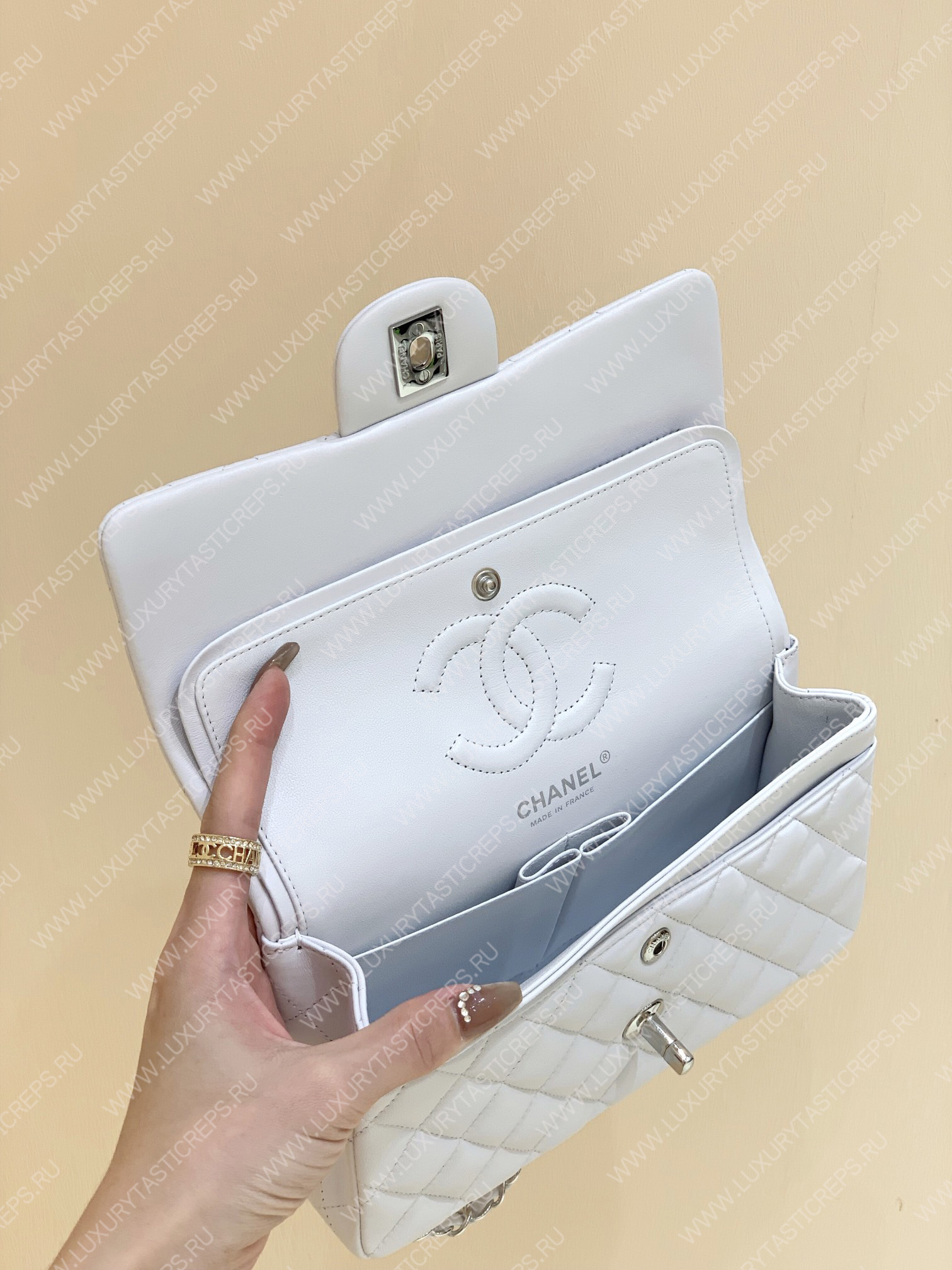 Ch*el small classic handbag bag white a01113
