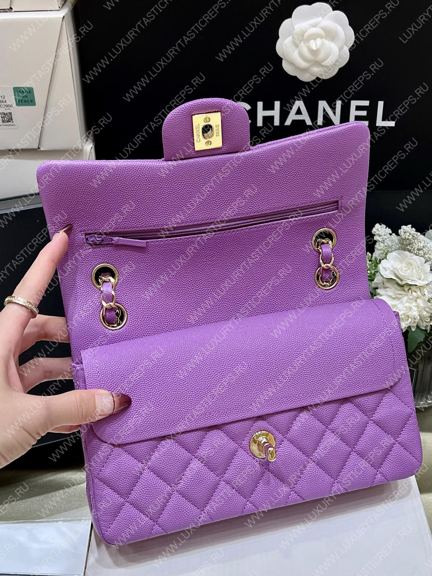 Ch*el small classic handbag bag purple a01113