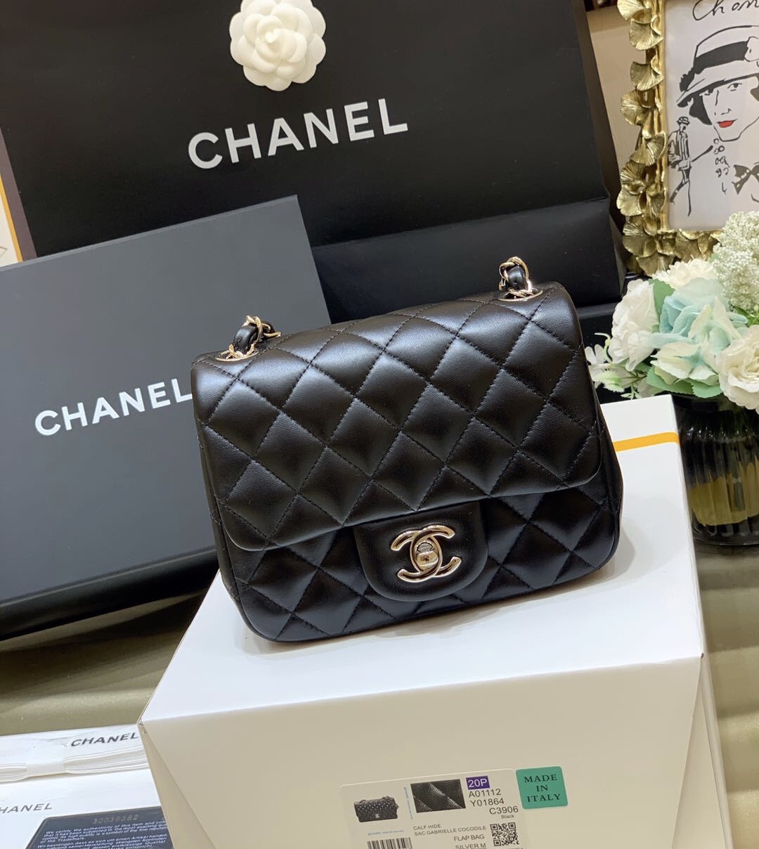 Ch*el square mini flap bag black a01115