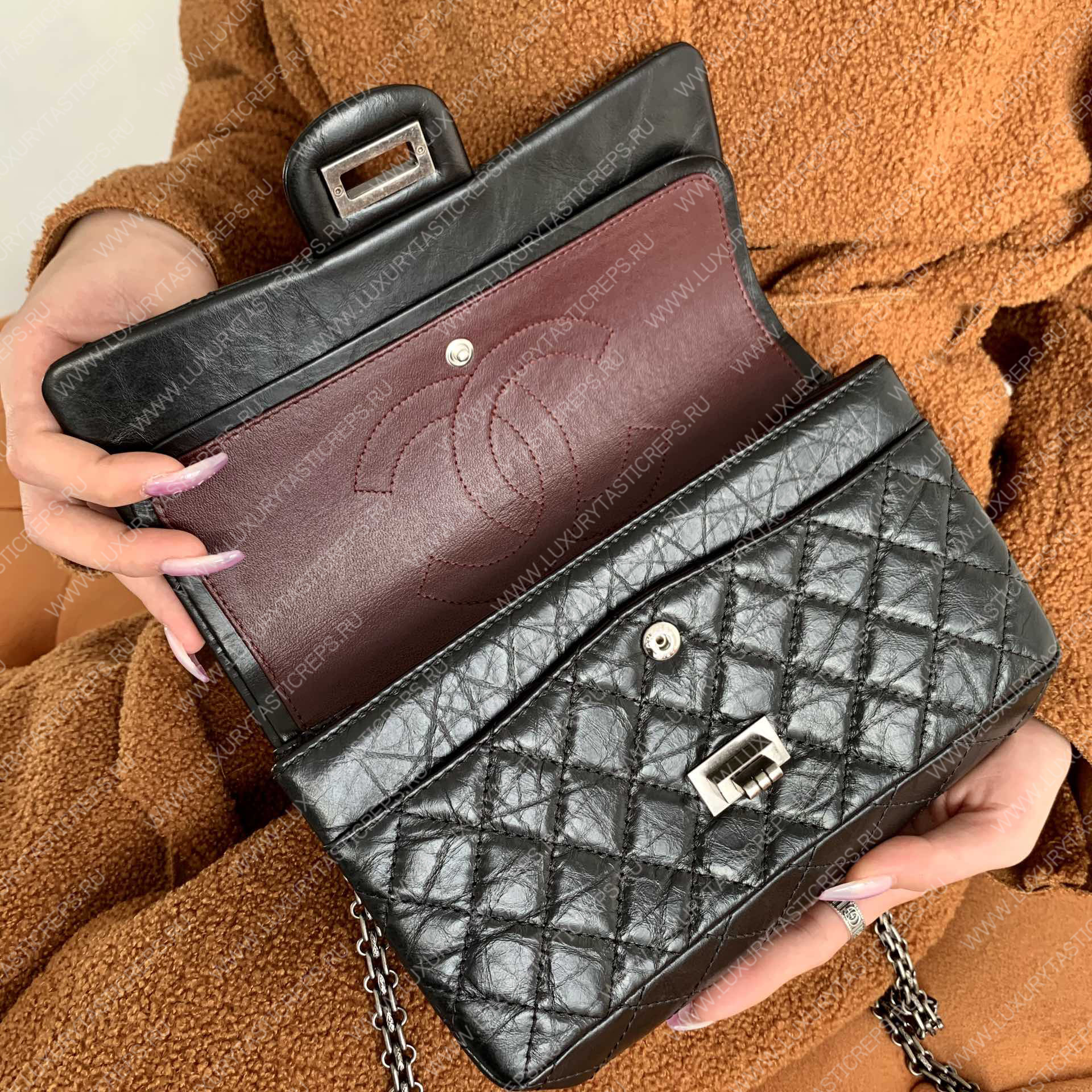 Ch*el 2.55 reissue handbag black silver chain a37586