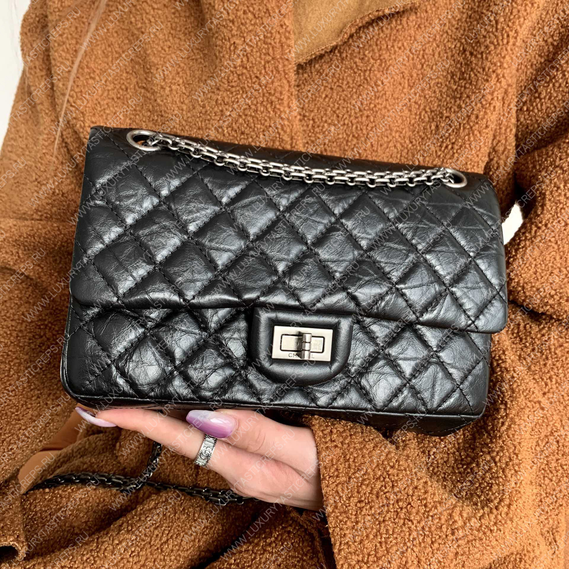 Ch*el 2.55 reissue handbag black silver chain a37586