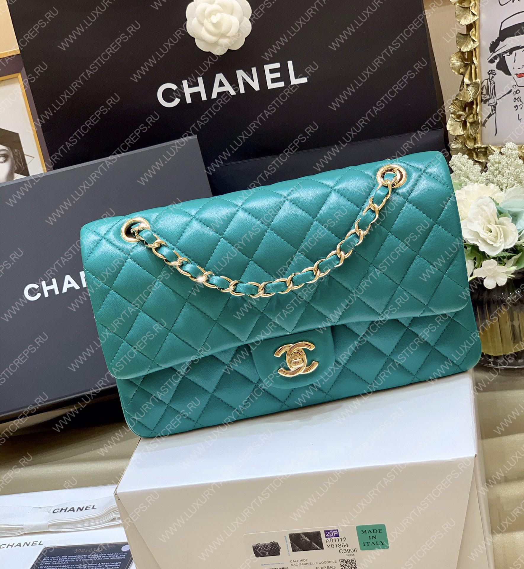 Ch*el classic handbag bag turqoise a01112
