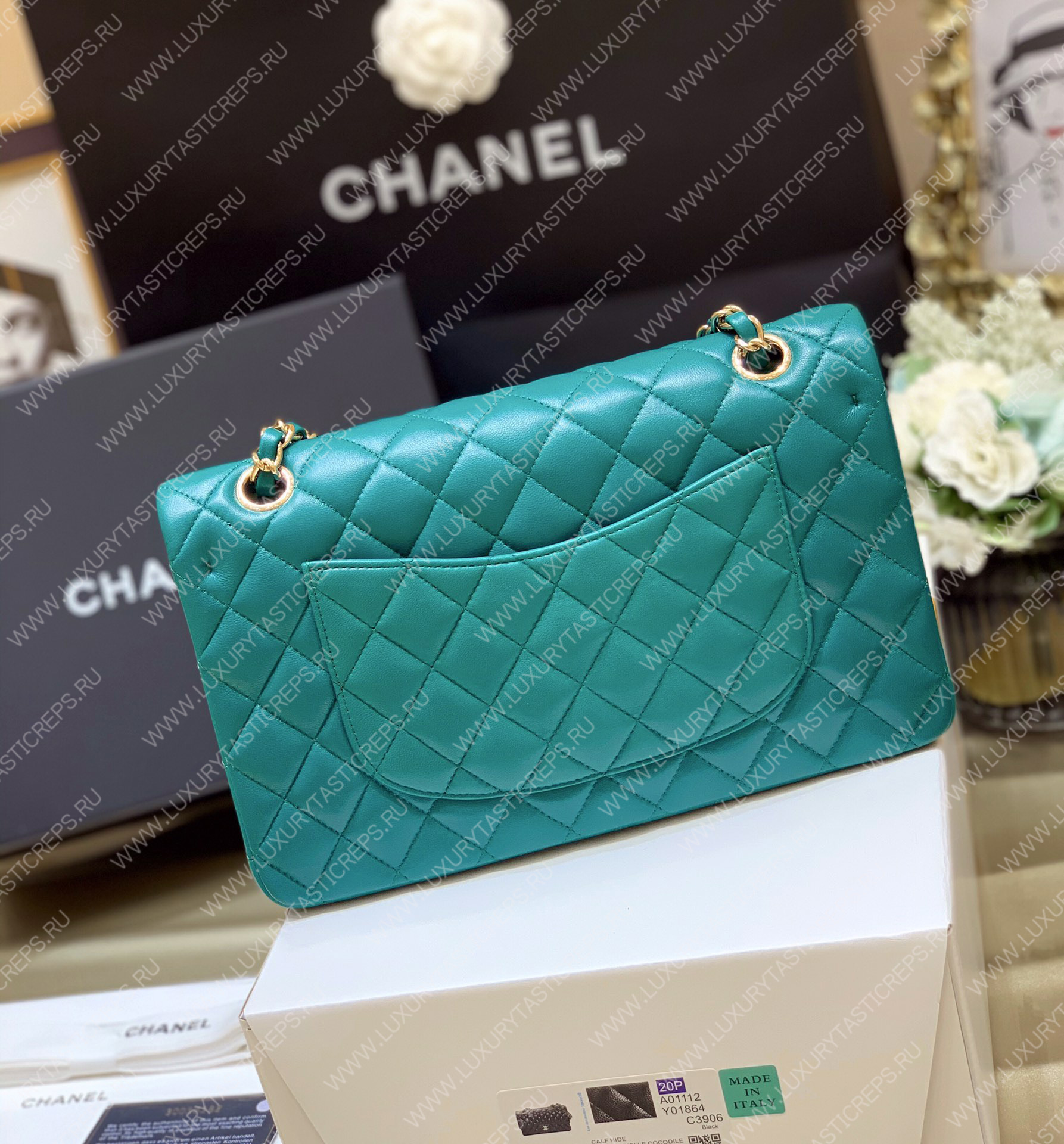 Ch*el classic handbag bag turqoise a01112