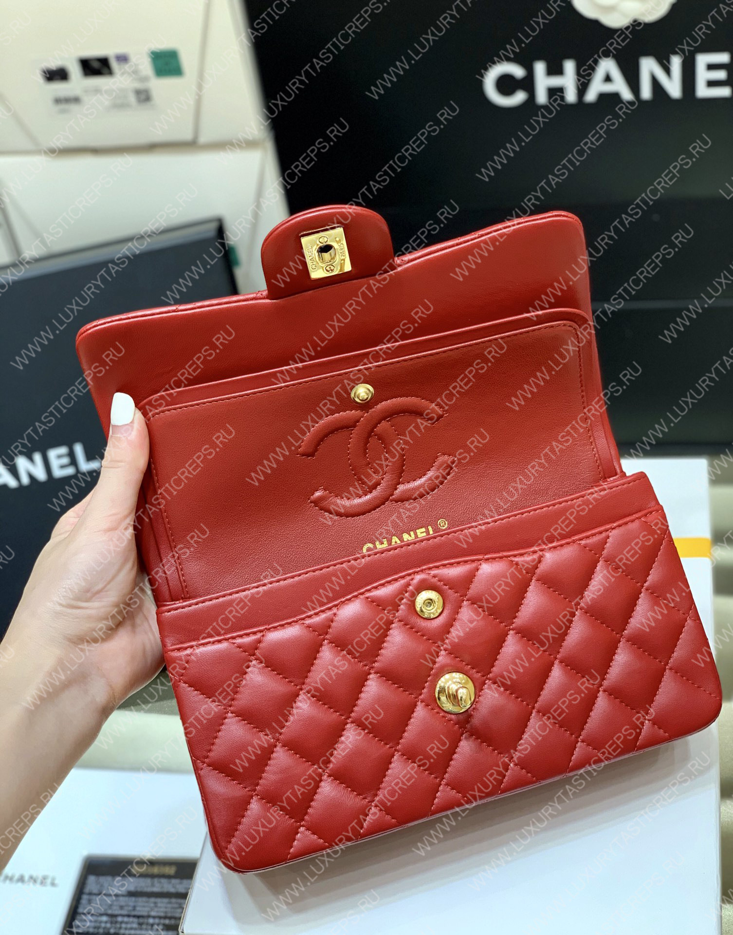 Ch*el small classic handbag bag red a01113